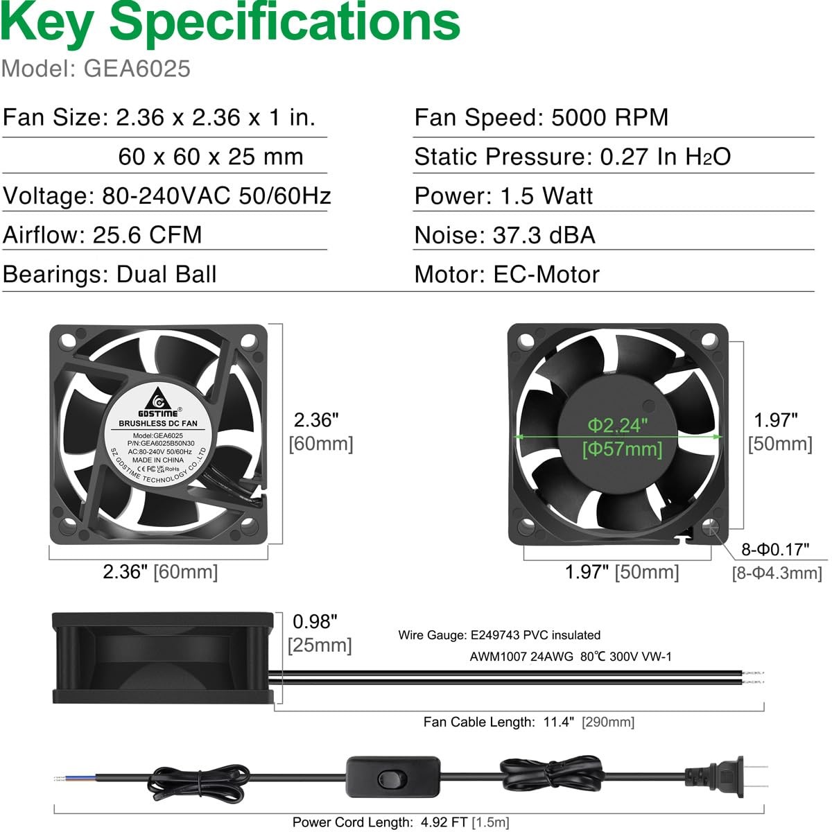 GDSTIME EC Cooling Fan 60mm x x 25mm AC 110V 115V 60x25mm, 60x60x25mm