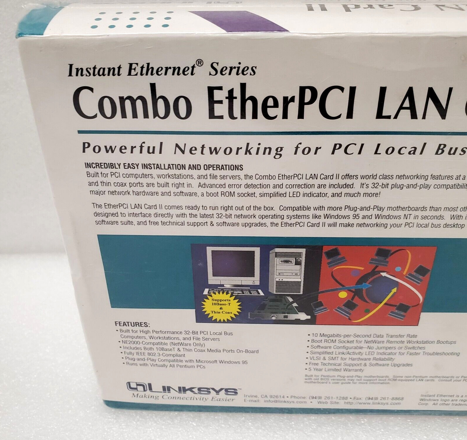 Linksys Combo EtherPCI LAN Card II, RJ45 and BNC Combo LNEPC12 NEW SEALED