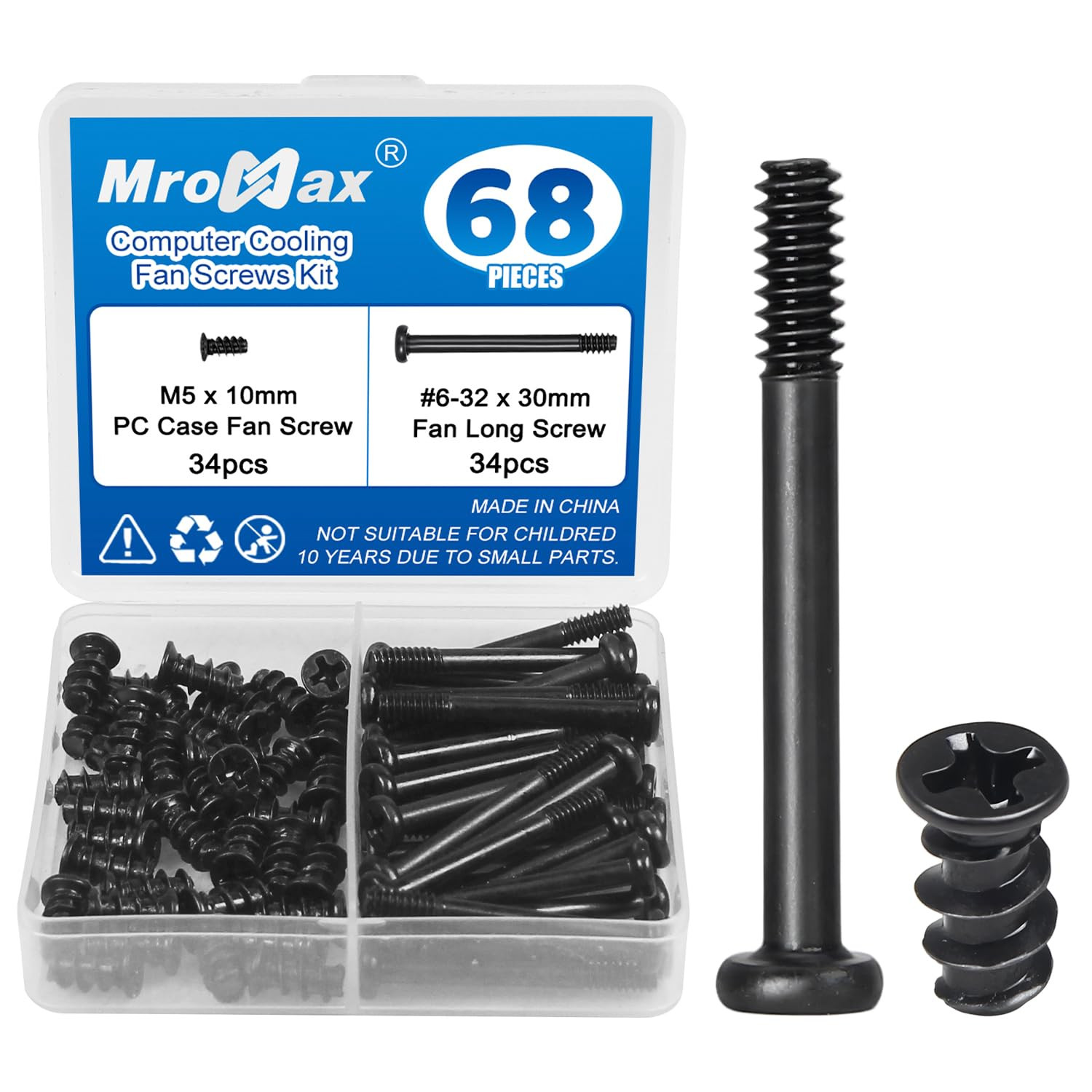 34 Sets (68Pcs) Computer Cooling Fan Screws Kit, #6-32 x 30mm Fan Screw + M5 x 1