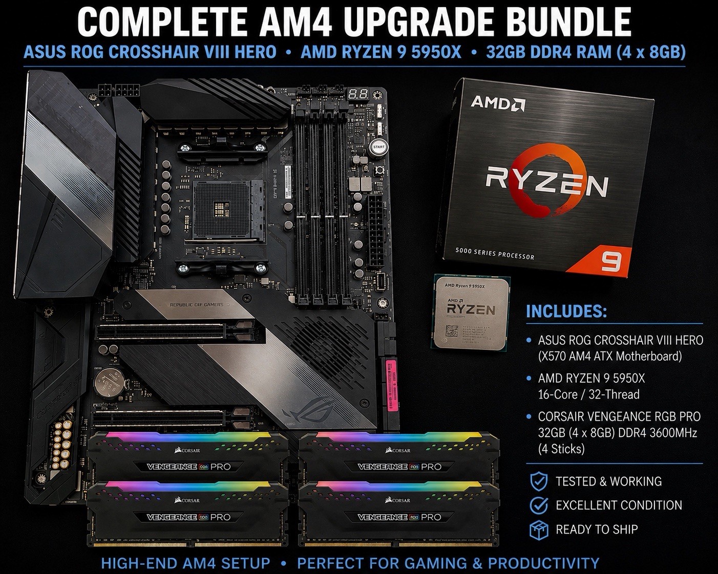 ASUS ROG Crosshair VIII Hero AM4 DDR4 5950X Corsair vengeance 4×8 3600 Bundle