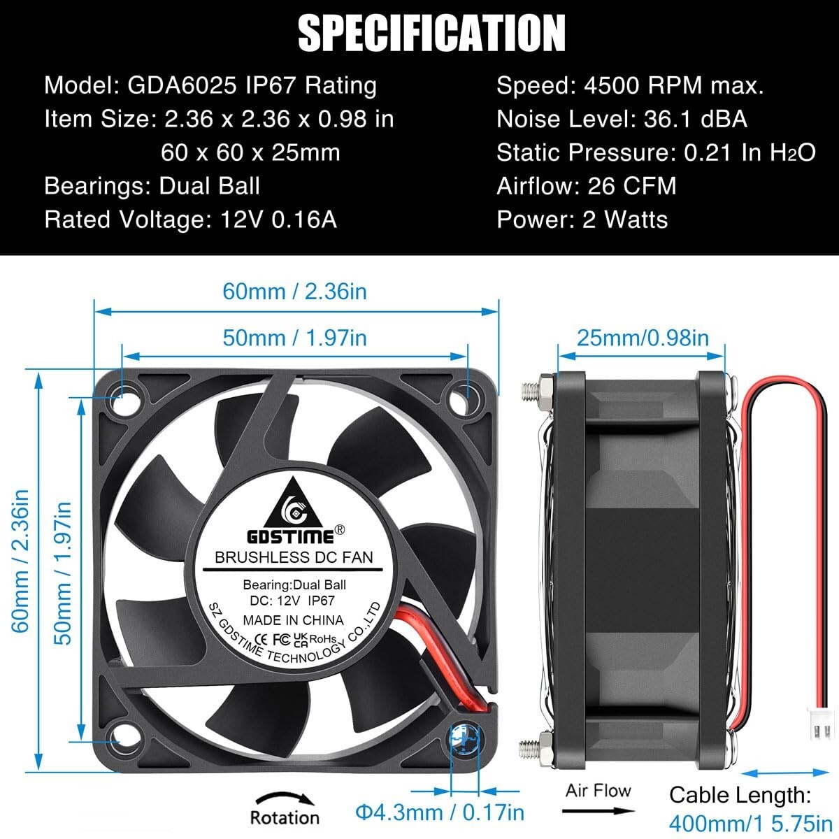 GDSTIME 12V 60mmX25mmDC Small Brushless Cooling High Speed
