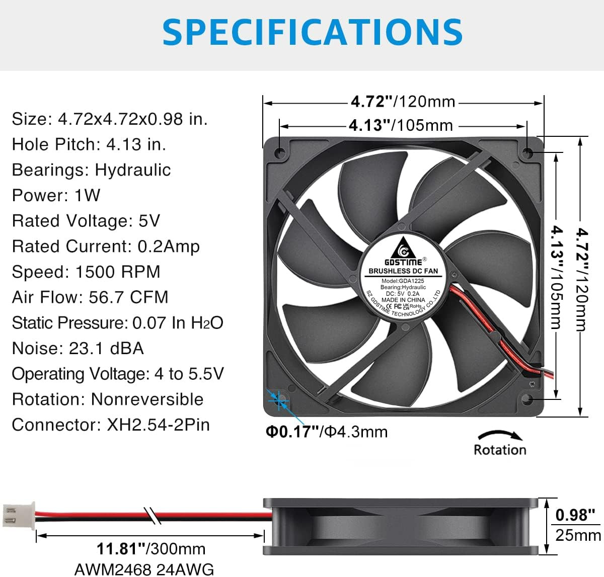5V 120mm DC Brushless Cooling Fan, 1500 RPM, 120x25mm Size FREE SHIPPING