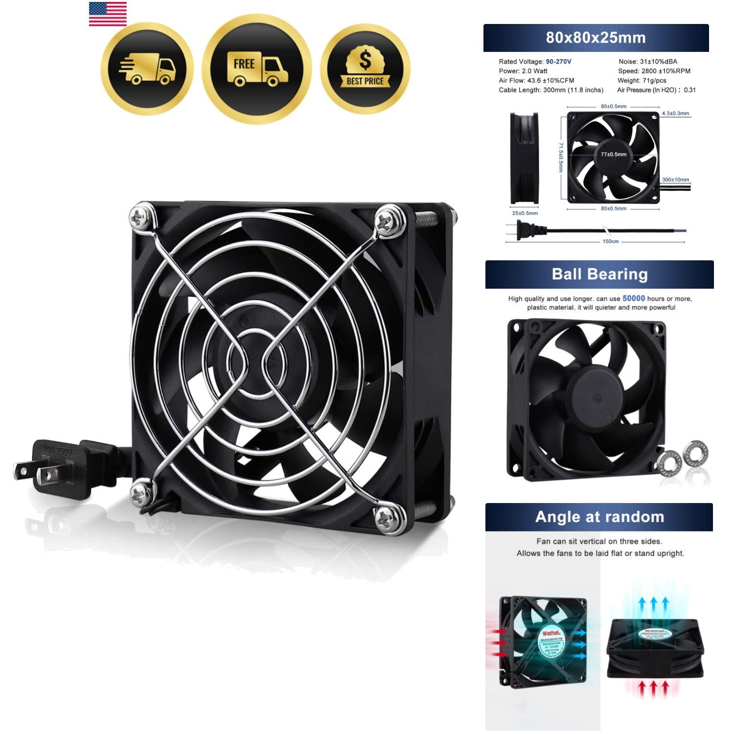 80mm EC Axial Fan AC 110V 115V 120V 220V 240V Brushless Cooling Fan 80mm x 25mm