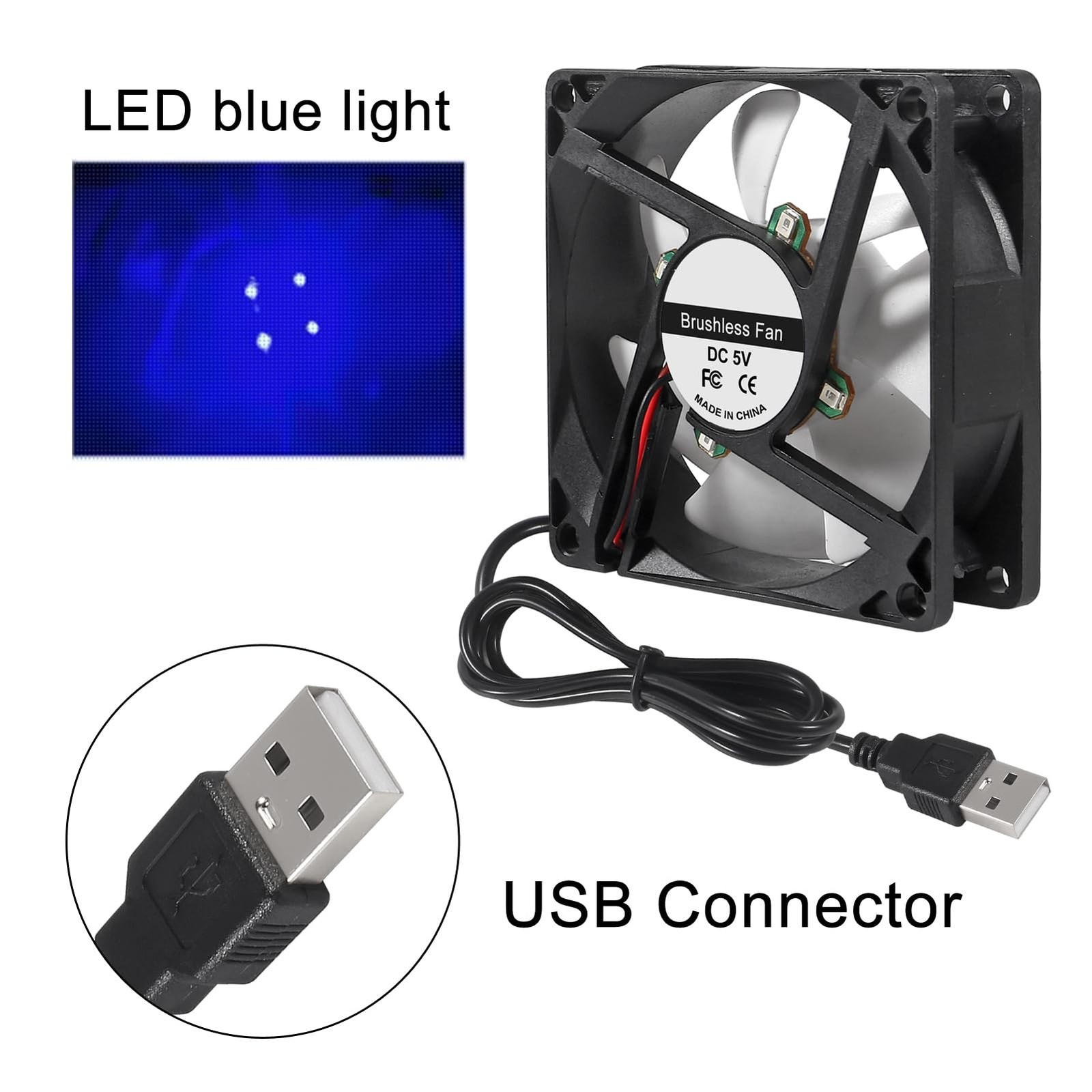2PCS 80mm 8cm LED Blue Computer Case Cooling Fan 80x80x25mm USB 8025 5V USB C…