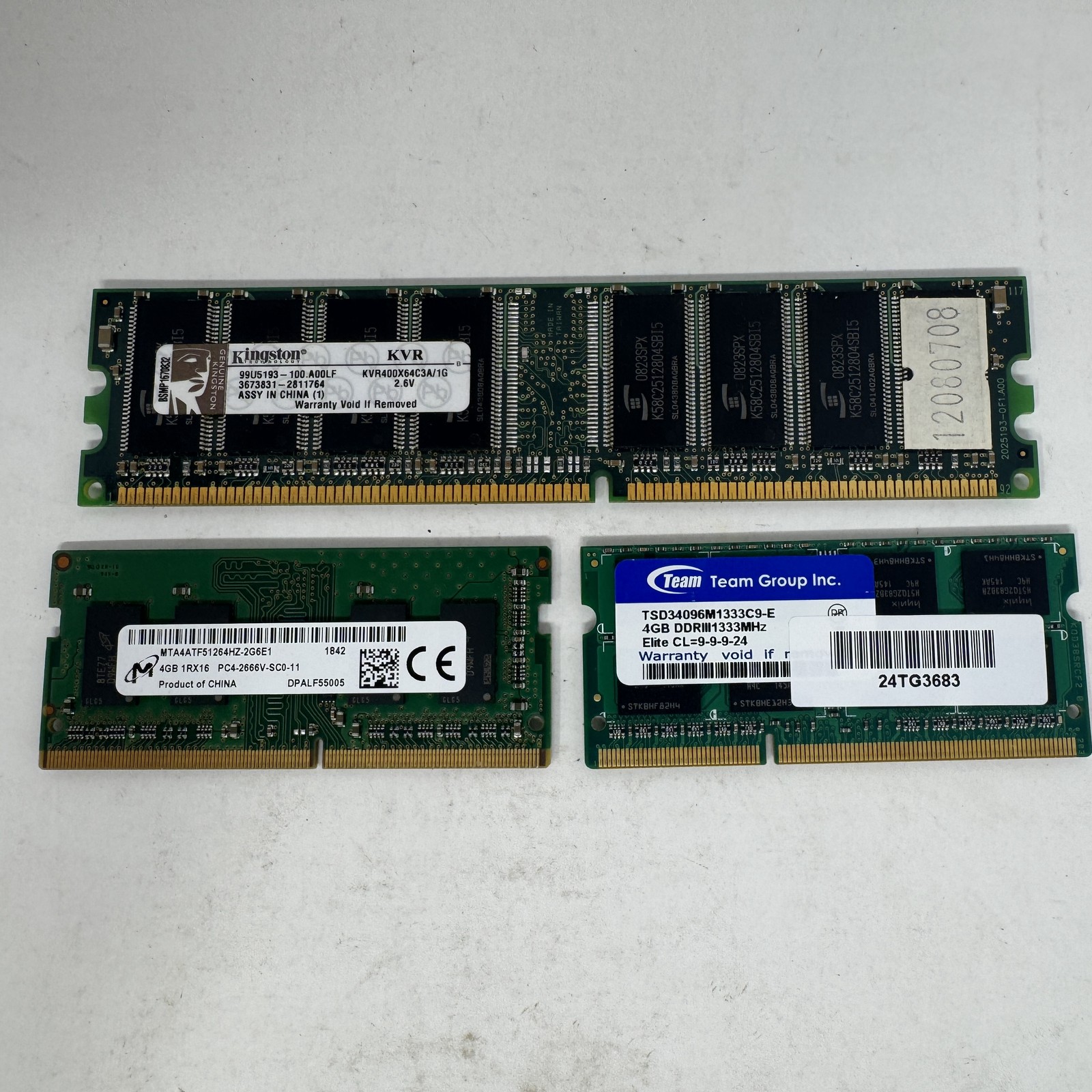Mixed RAM Lot: Kingston 1GB DDR, Micron 4GB DDR4, TeamGroup 4GB DDR3 – Total 9GB