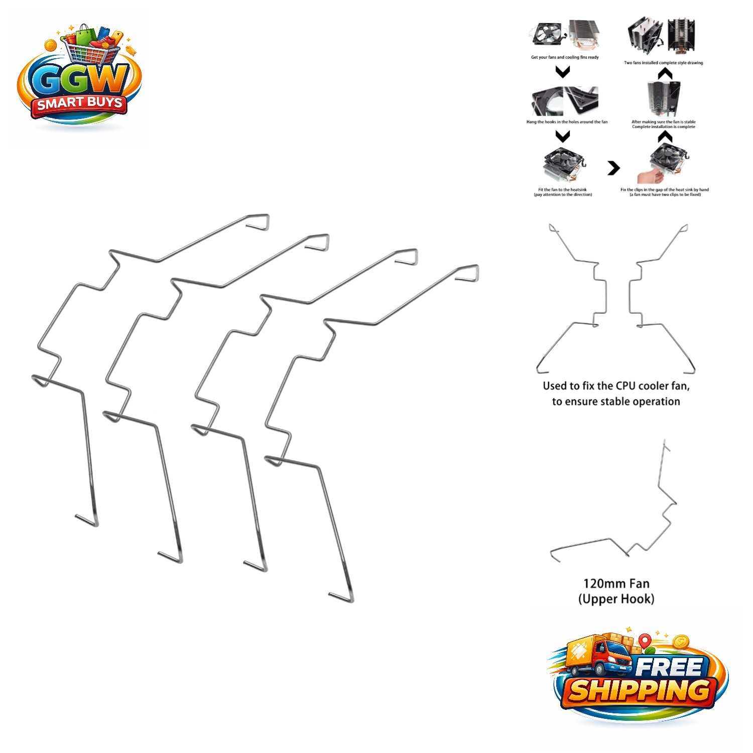 Durable 12CM Fan Fixing Clips – 4-Pack Stainless Steel CPU Cooling Accessories