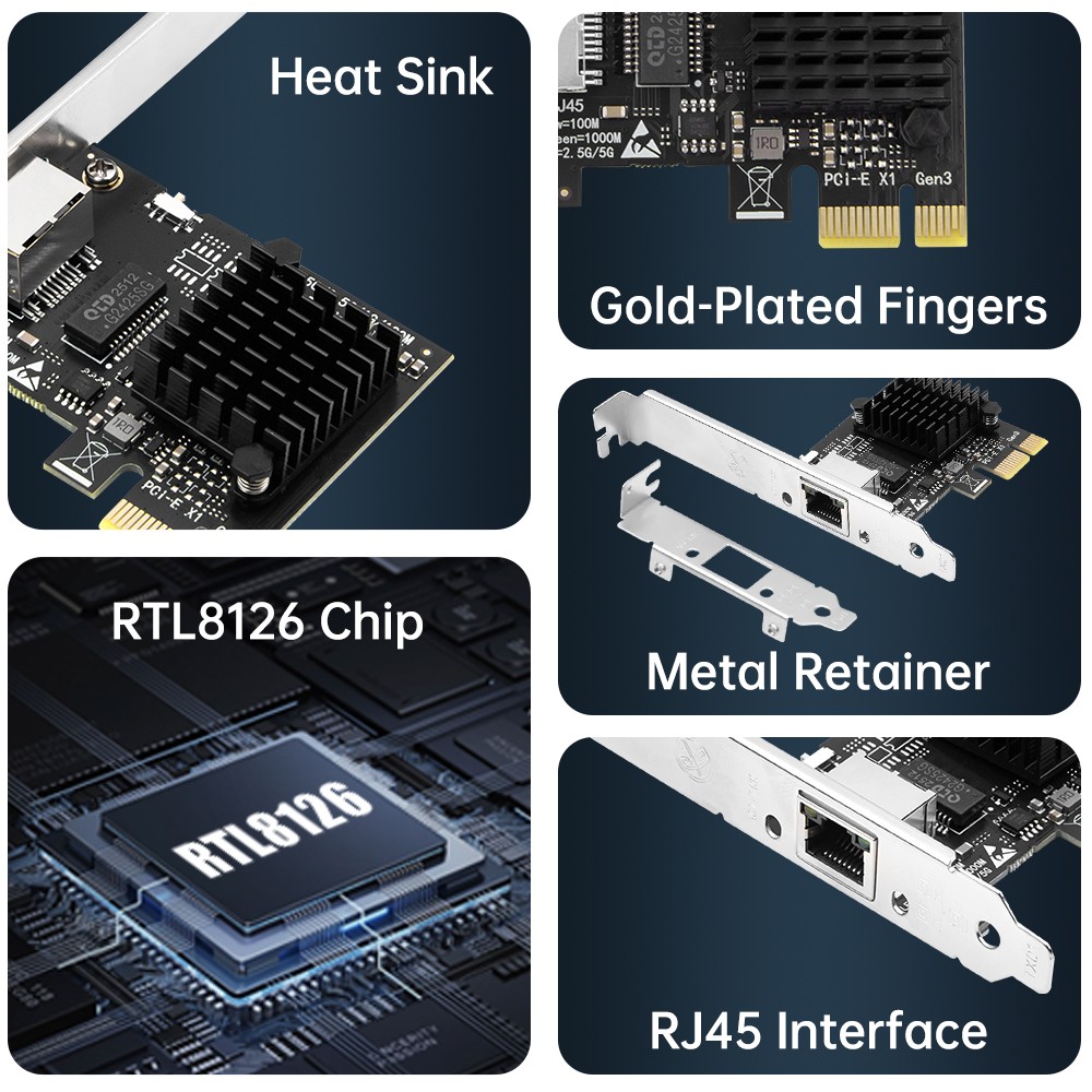 5G PCle To RJ45 PCI Express Network Card, RTL8126 Chip, 10/100/2500/5000Mbps
