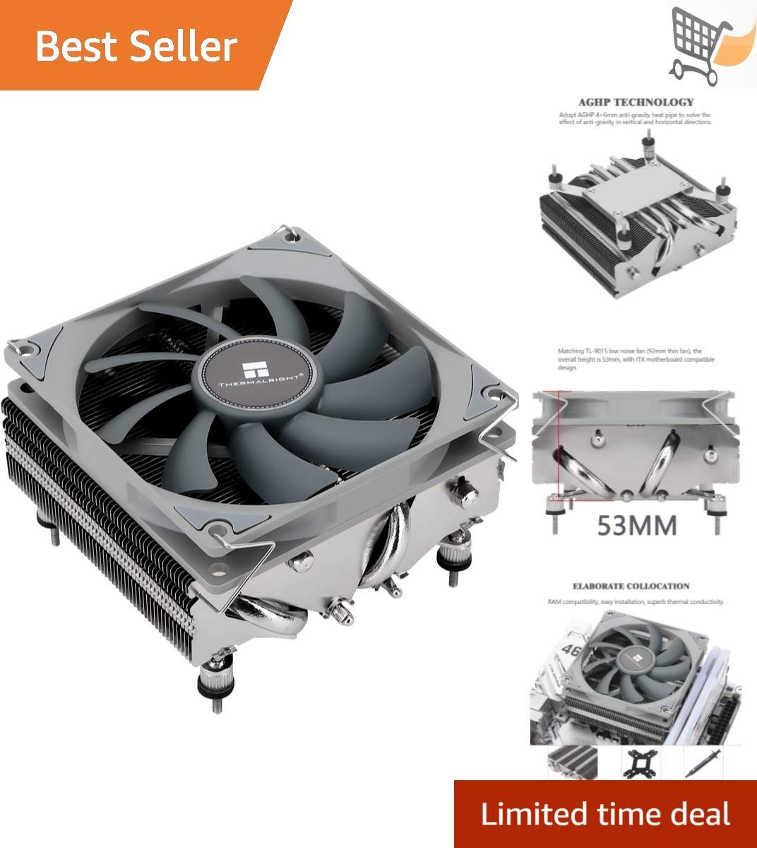 Low Profile CPU Cooler 90mm PWM Fan 4 Heat Pipes for AMD AM4 Intel LGA