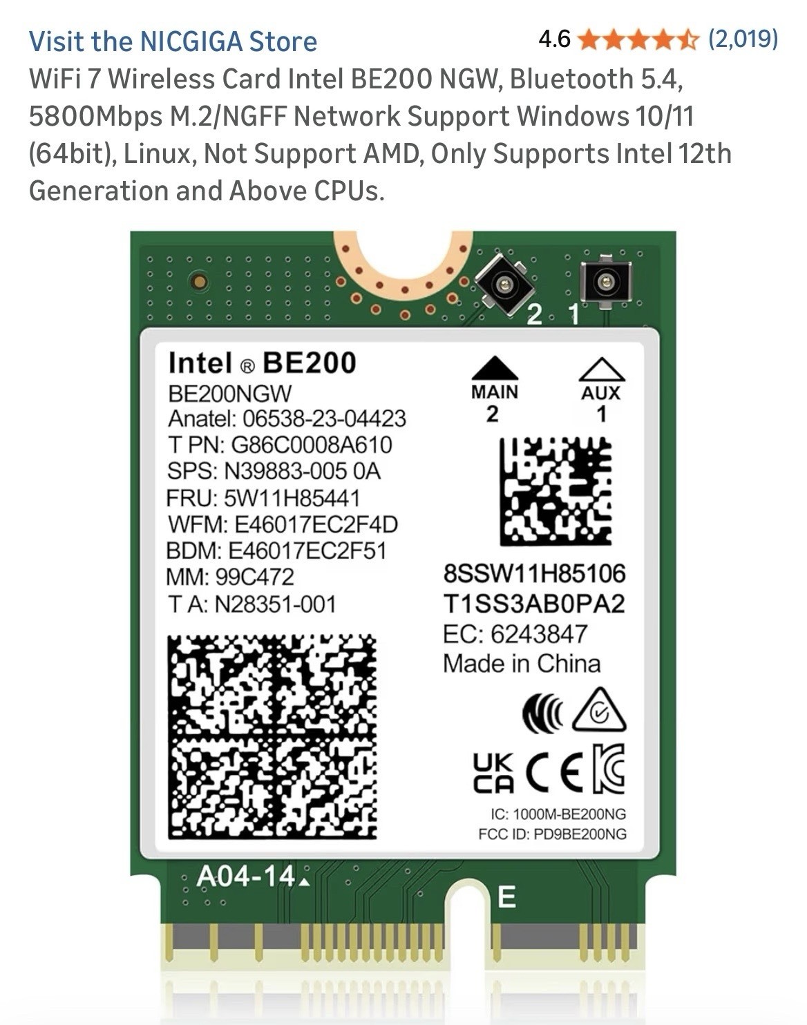 WiFi 7 Wireless Card Intel BE200 NGW, Bluetooth 5.4, 5800Mbps M.2/NGFF Network S