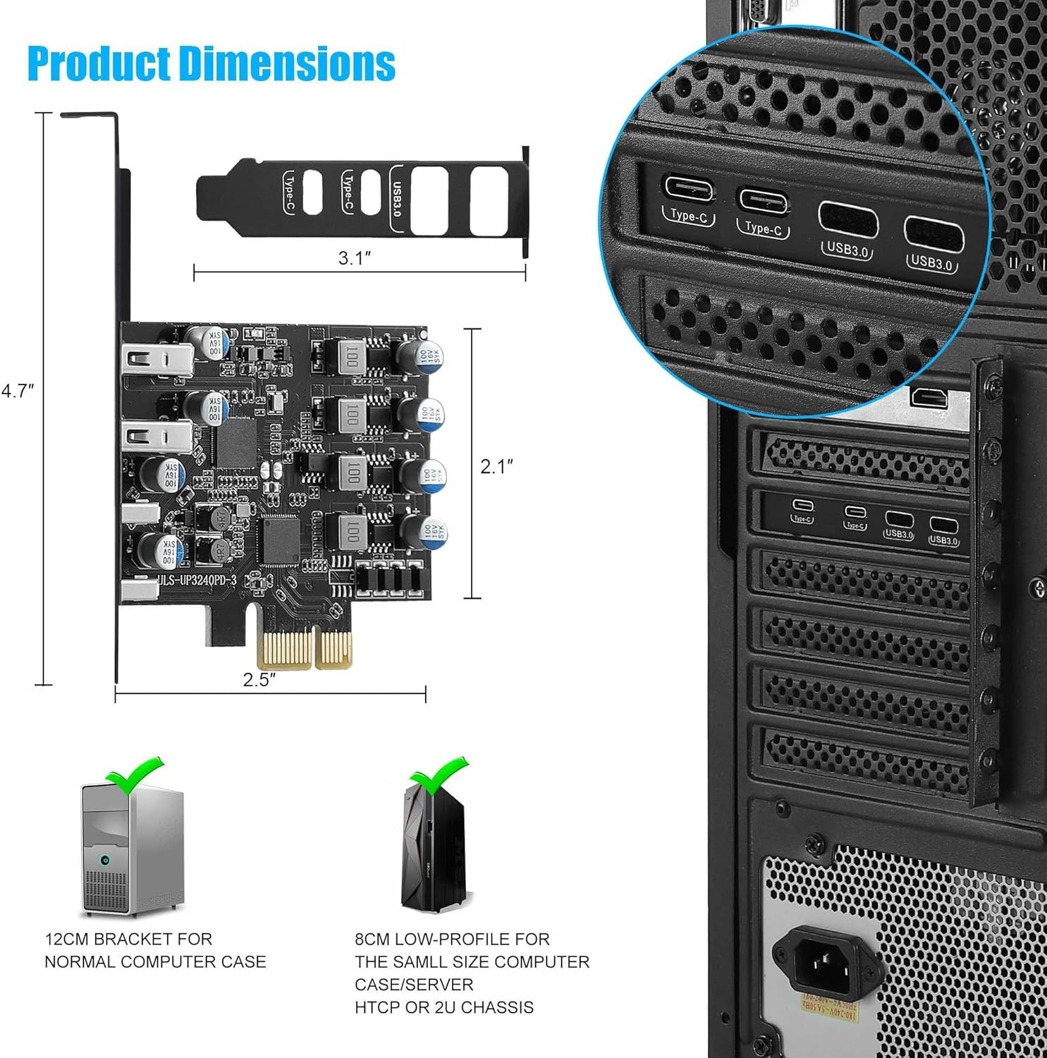 4-Port USB 3.0 PCIe Expansion Card 2 USB A 2 Type C with Low Profile Bracket