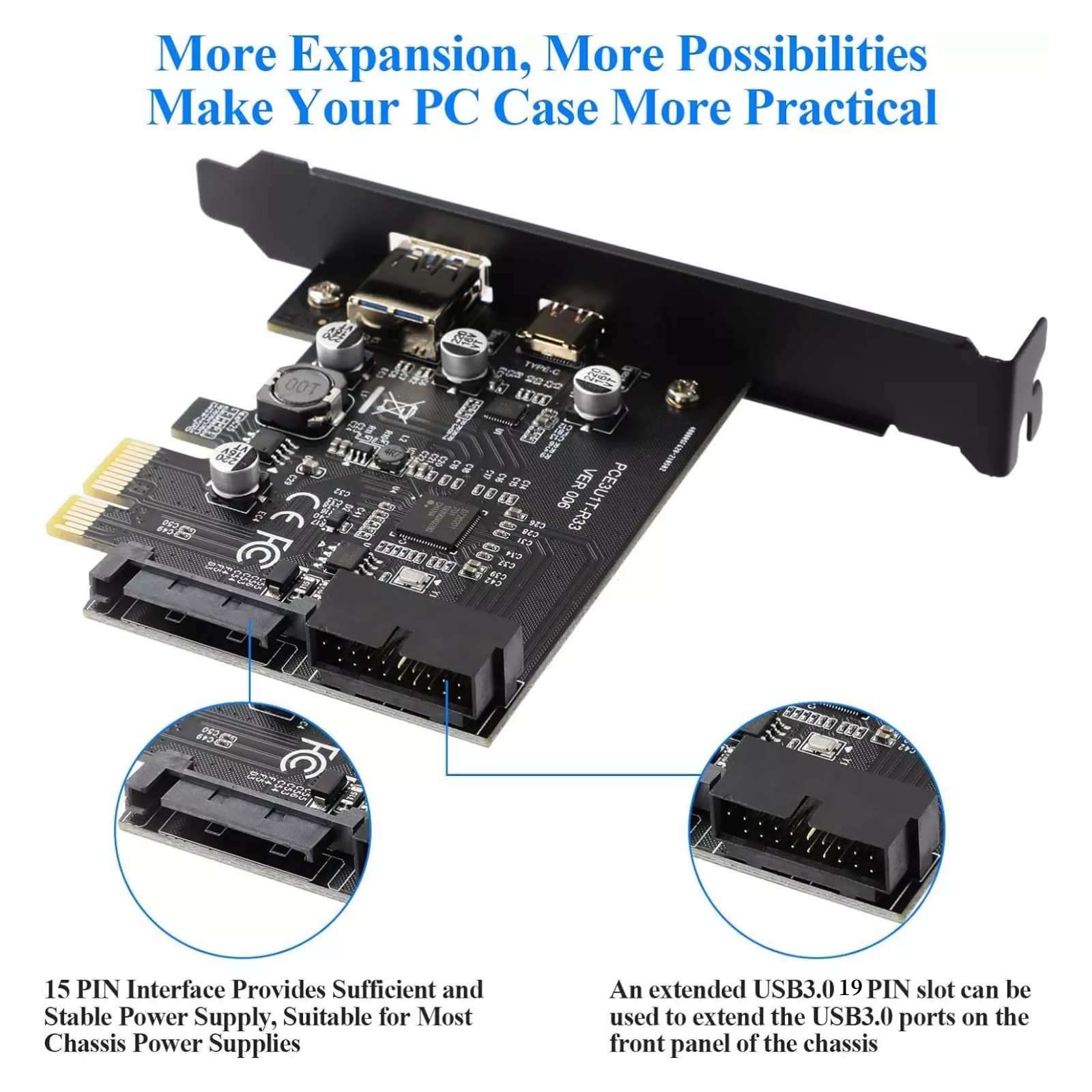 PCI-E 1X to USB 3.2 Gen1 5Gbps 2 Ports(Type C+ Type A) Expansion Card With 19PIN