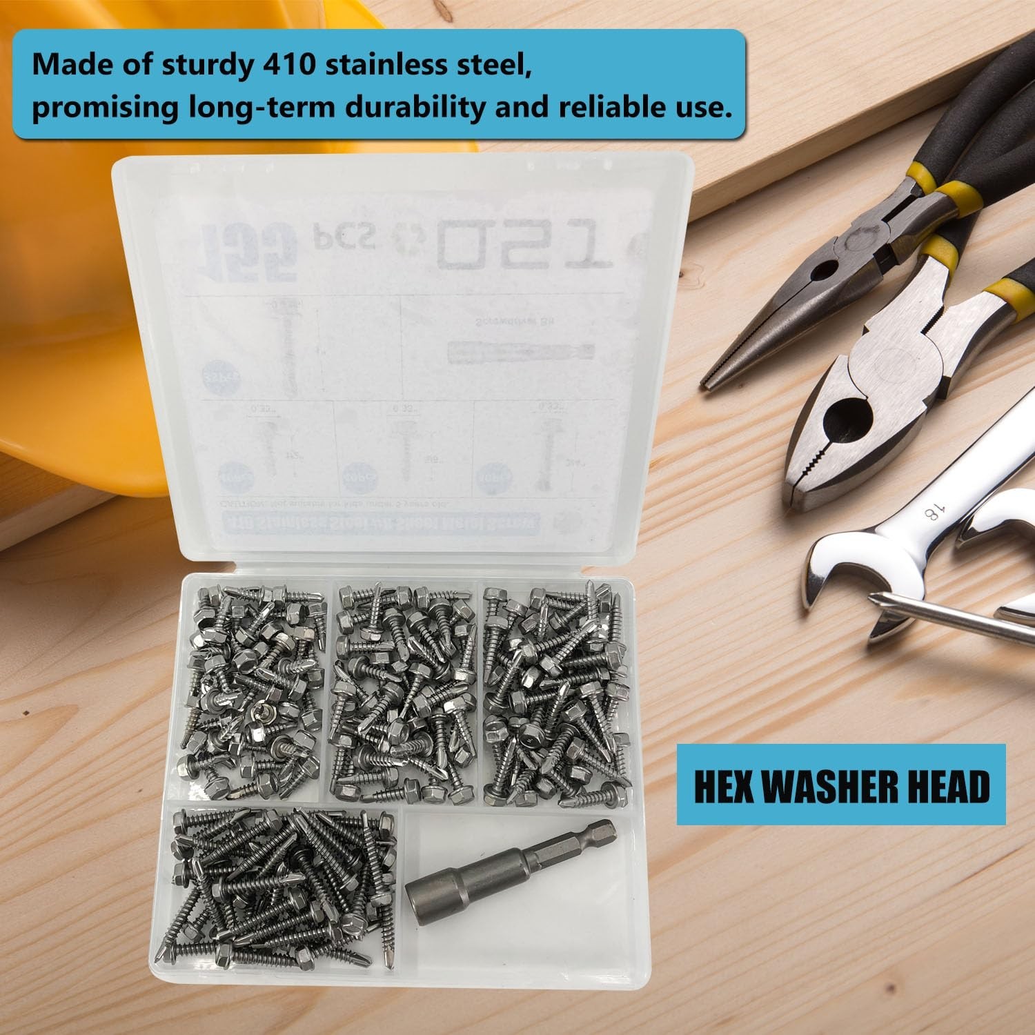 QSJ 155PCS #8 Sheet Metal Screws Set 410 Stainless Steel Hex Washer Head Fast…