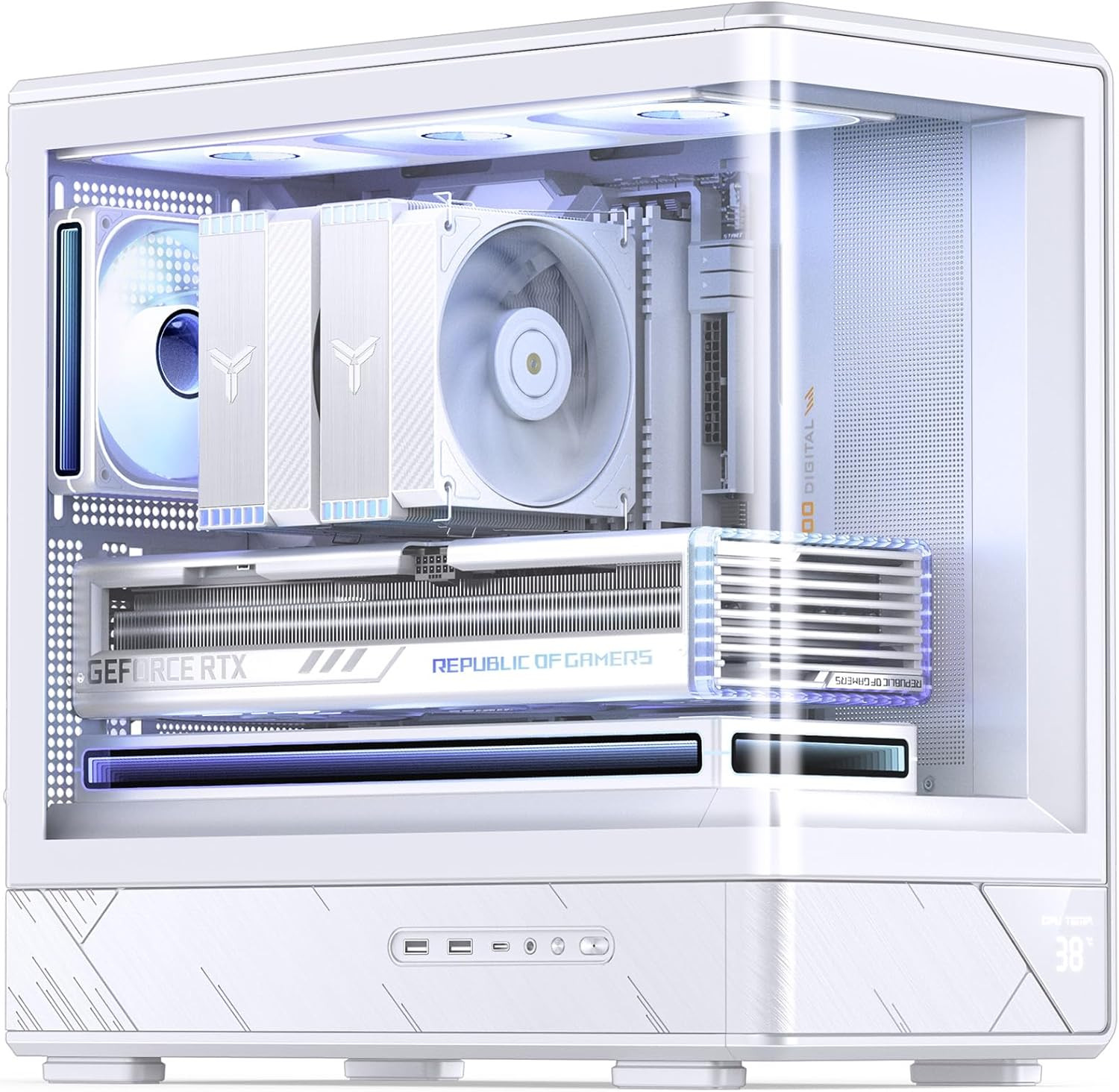 D200 White Micto ATX PC Case,Digital Screen, One-Piece Curved Glass Desktop Desi