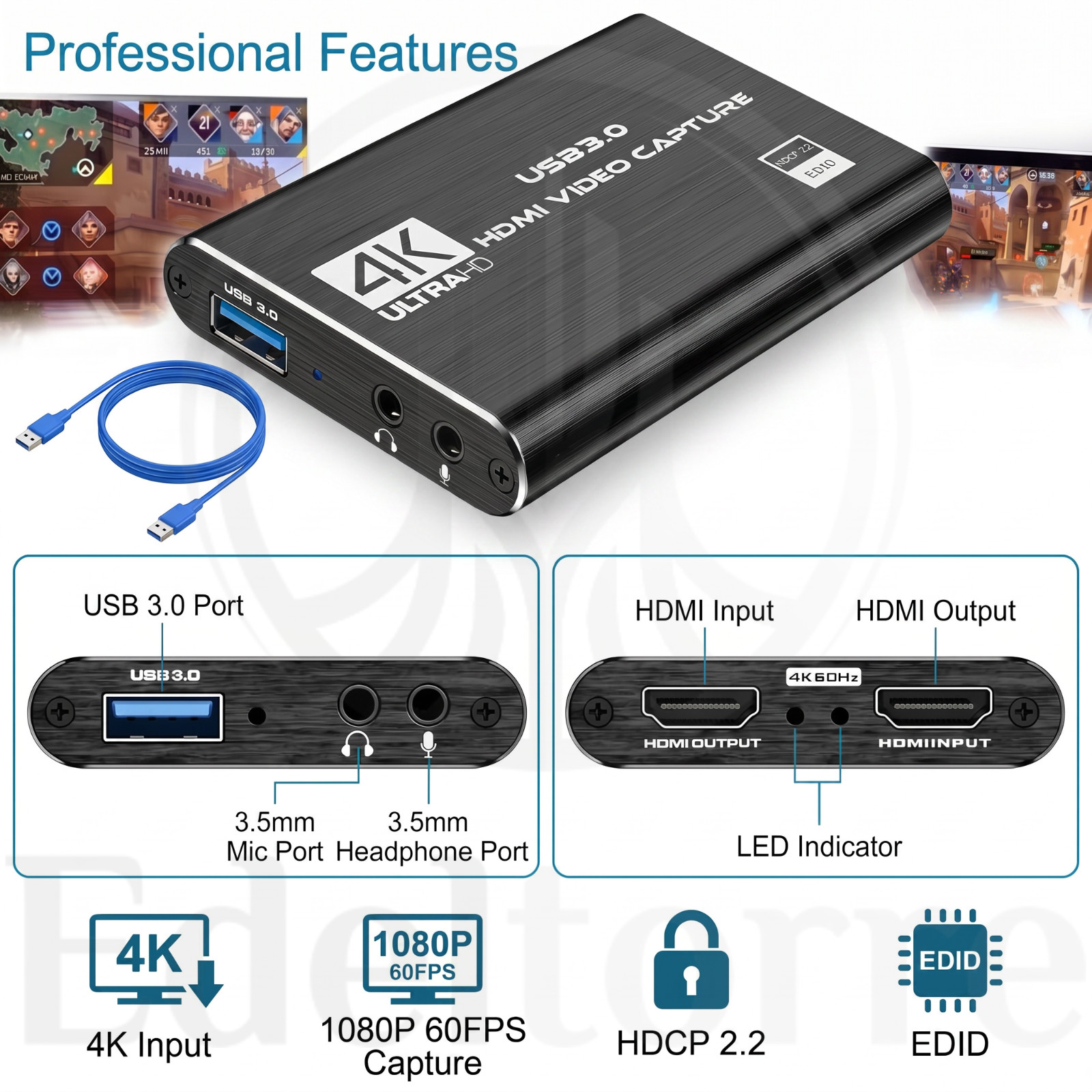 4K HDMI Video Capture Card USB 3.0 1080P 60FPS Game Recorder Live Streaming