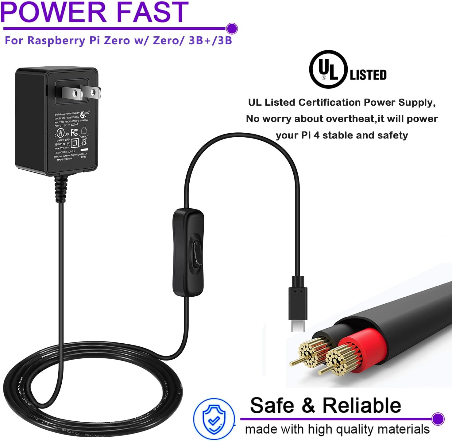 [UL Listed] Iuniker Raspberry Pi Power Supply with Switch 15W 5V 3A Micro USB Ra