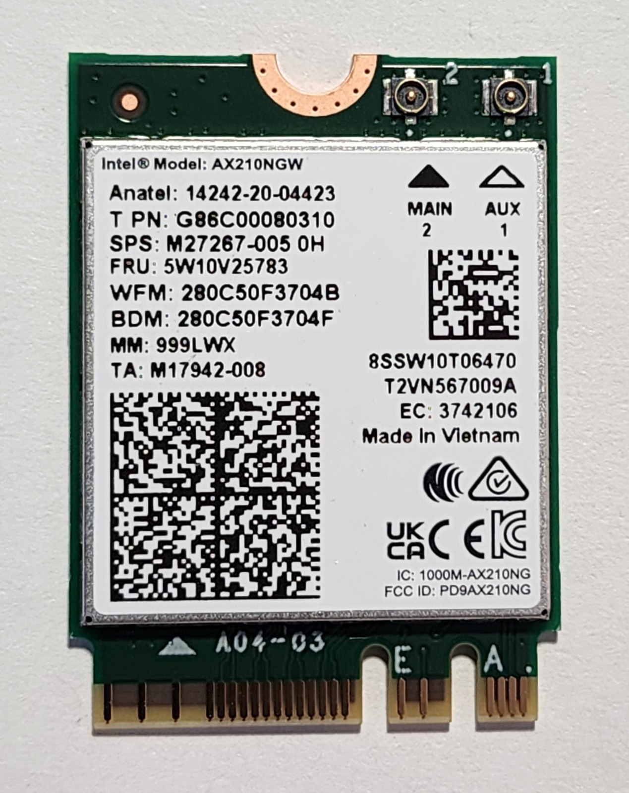 Intel AX210 Wi-Fi 6E AX210.NGWG M.2 2230 with vPro BT 5.4 HP MM# 999LWX