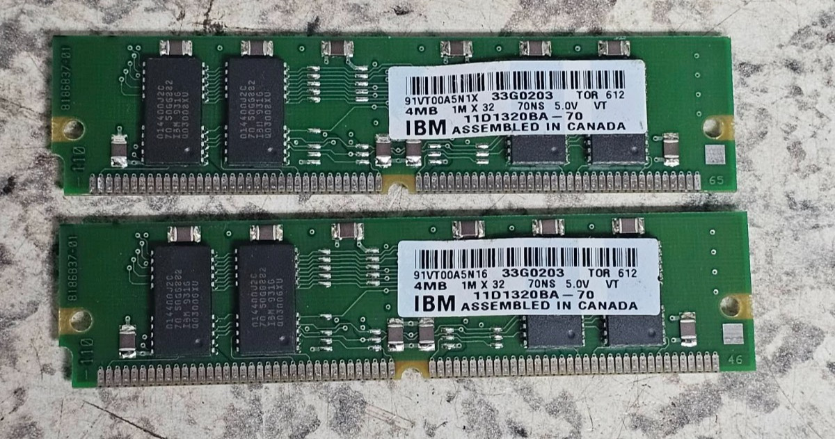 2x IBM FRU 33G0203 4MB 1Mx32 FPM 70NS 72 PIN SIMM PS2 Memory PS/2 RAM Parity