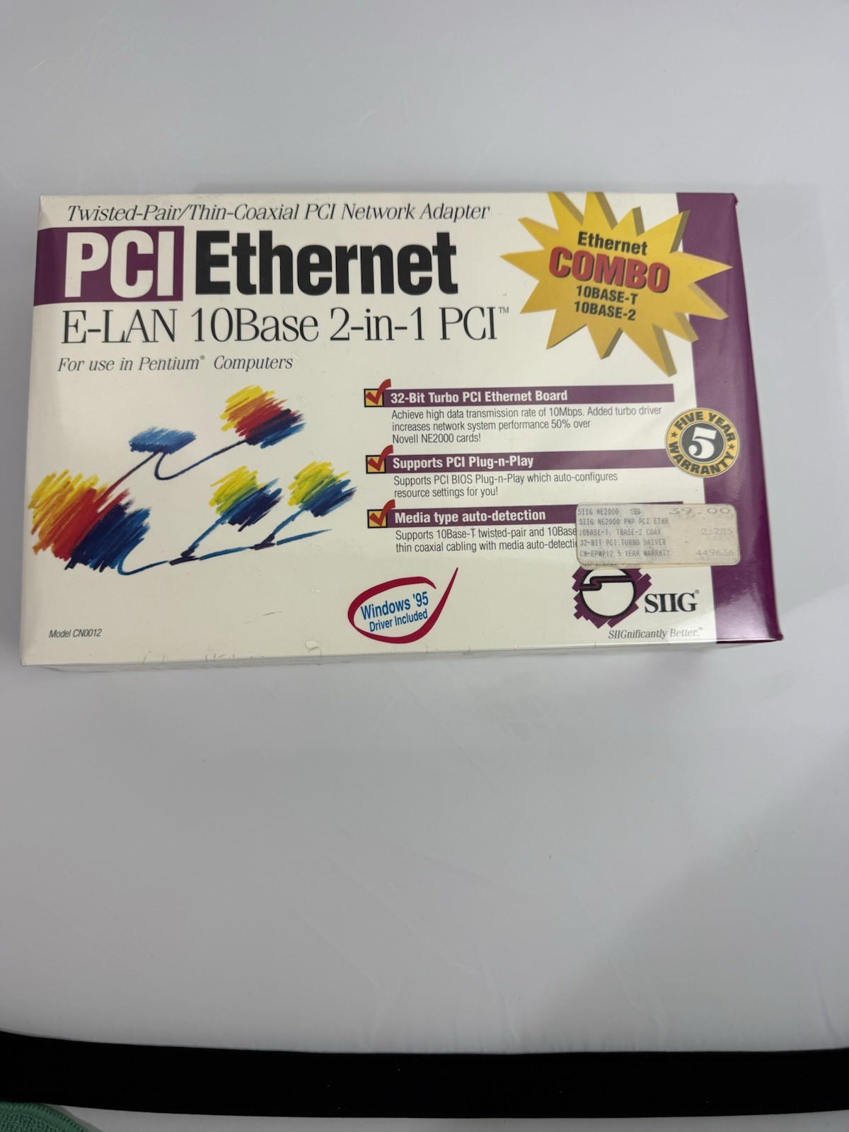 Vintage SIIG PCI Ethernet E-LAN 10Base 2-in-1 Adapter CN012 New Sealed Box