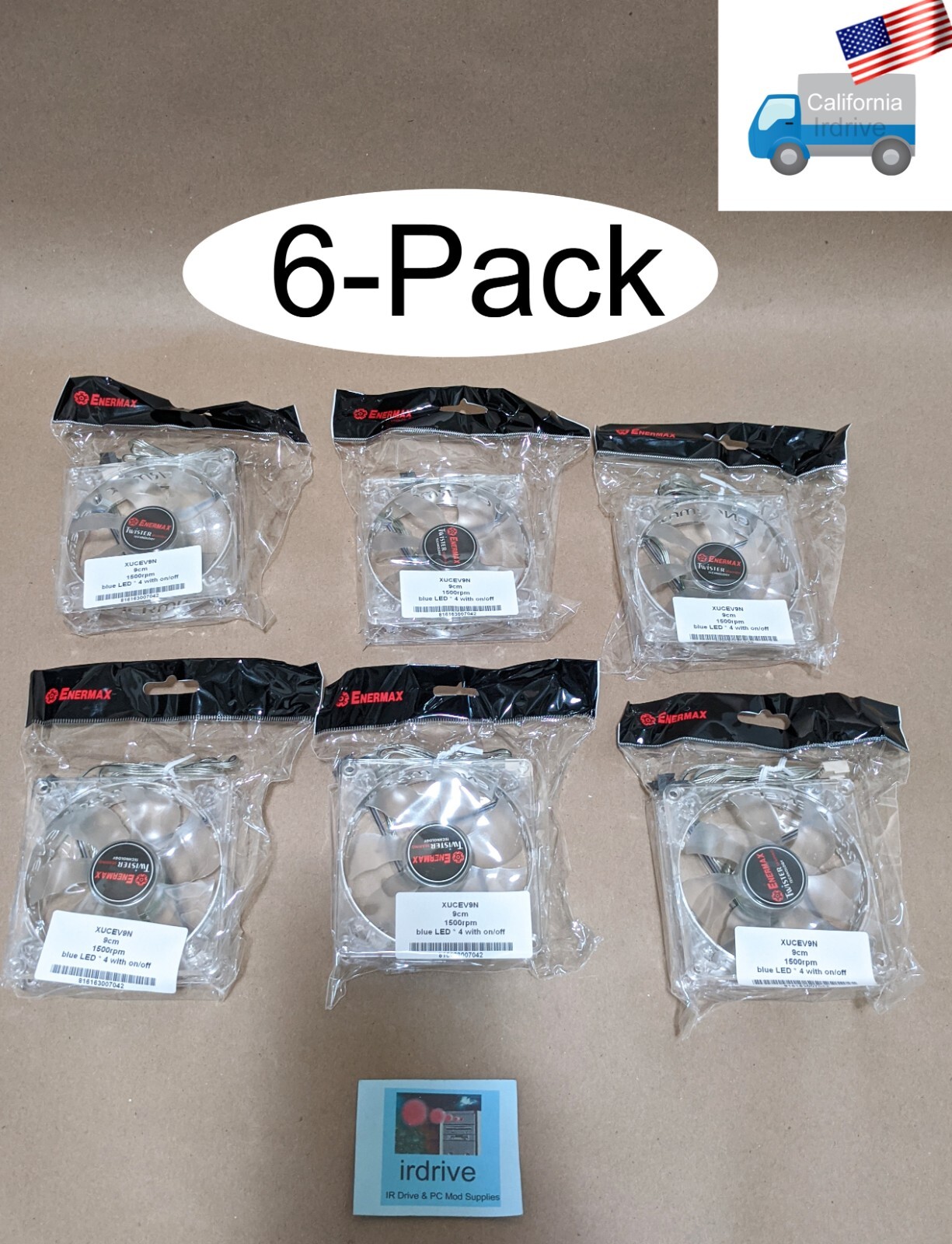 6pack:Enermax Twister 90mm Blue LED 3pin 12V ON/OFF CPU/Case Cooler Fan XUCEV9N