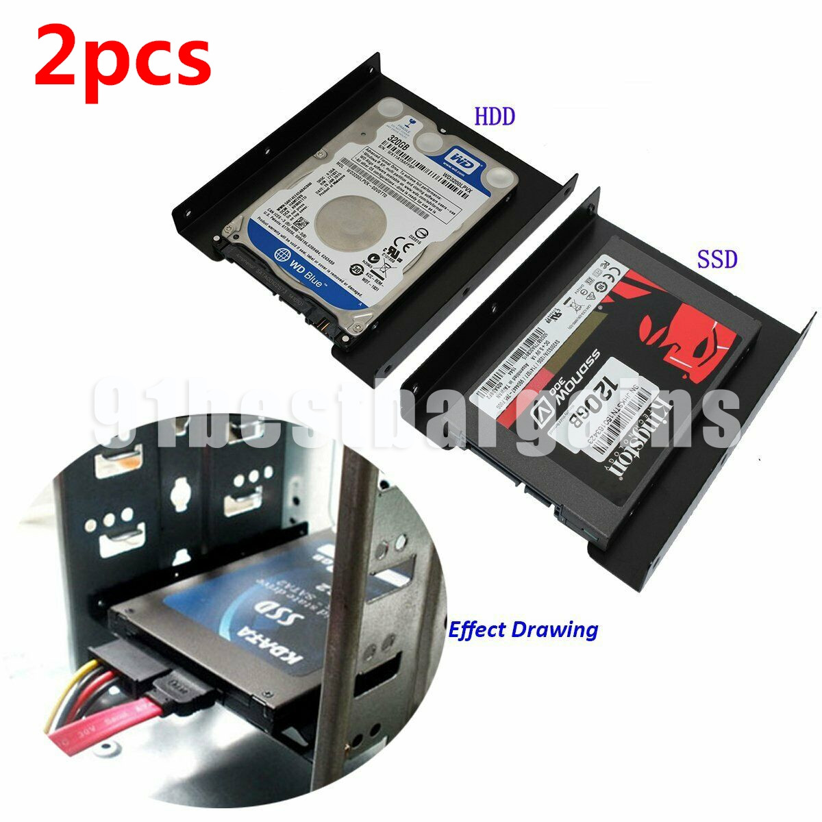 2-Pack 2.5″ to 3.5″ Bay SSD Metal Hard Drive HDD Mounting Bracket Adapter Tray