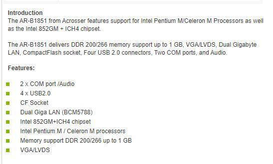 Acrosser AR-B1851 V1 /3.5″ Embedded SBC , Intel Celeron, 256MB RAM, 512MB Flash
