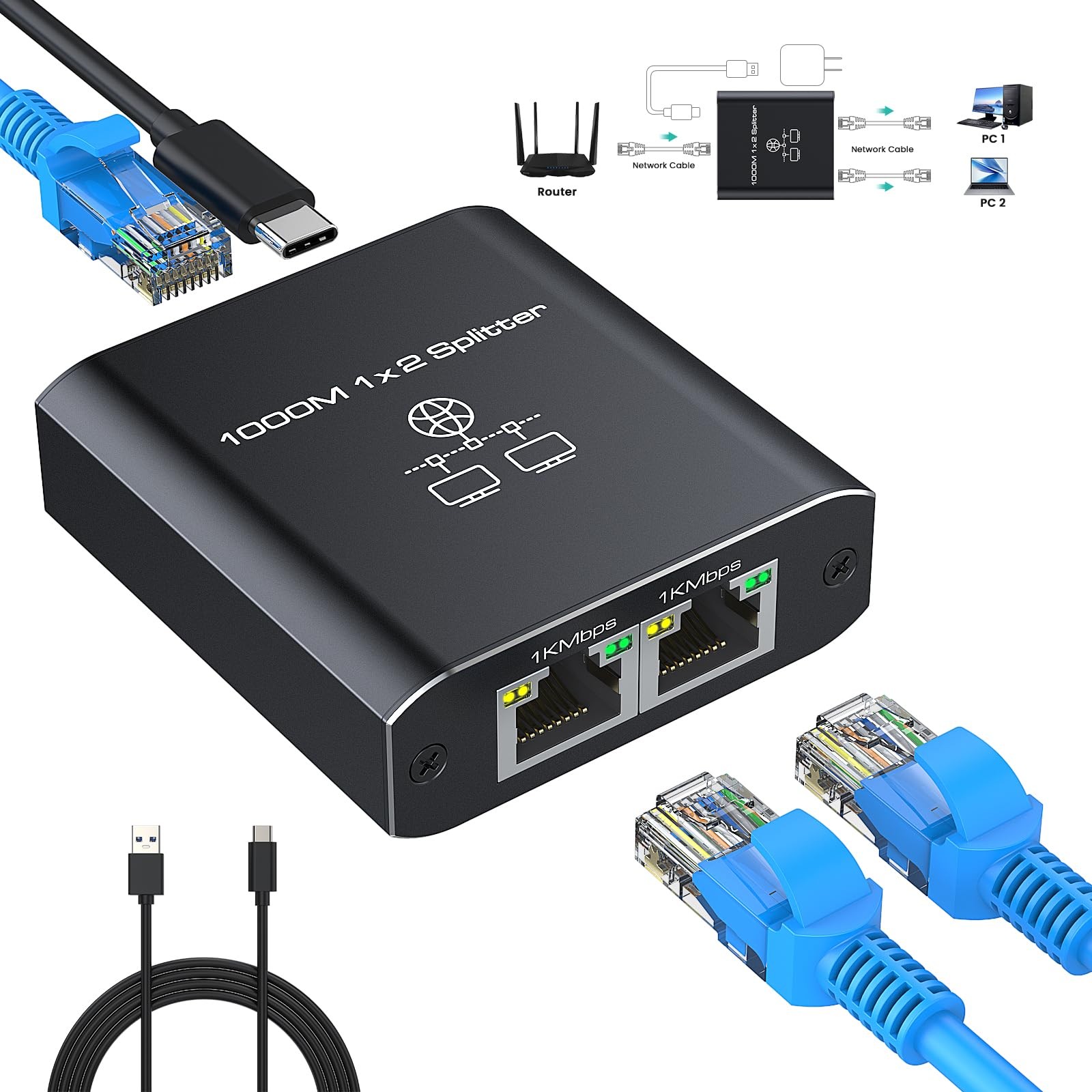 Gigabit Ethernet Splitter 1 to 2 High Speed 1000Mbps Network Splitter