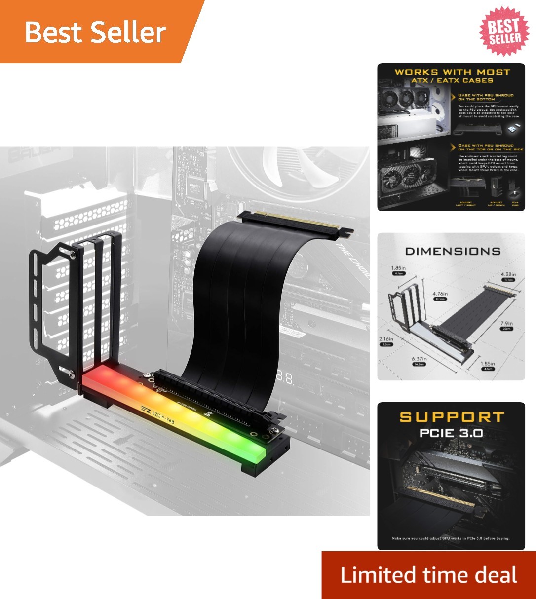 Flexible Vertical GPU Bracket with RGB Lighting & Riser Cable – Space-Saving