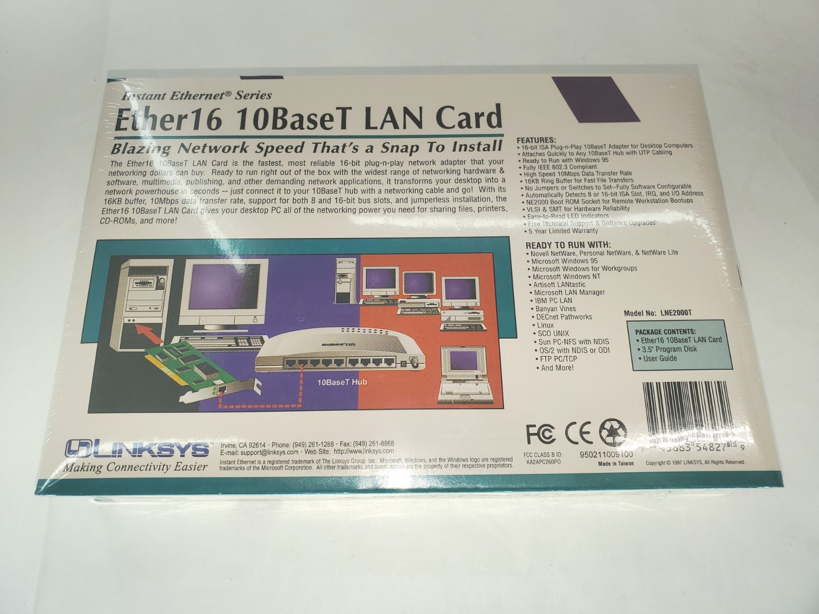 Linksys ISA NE2000 LNE2000T ETHER16 ethernet lan card NEW FACTORY BOX 10BT RJ45