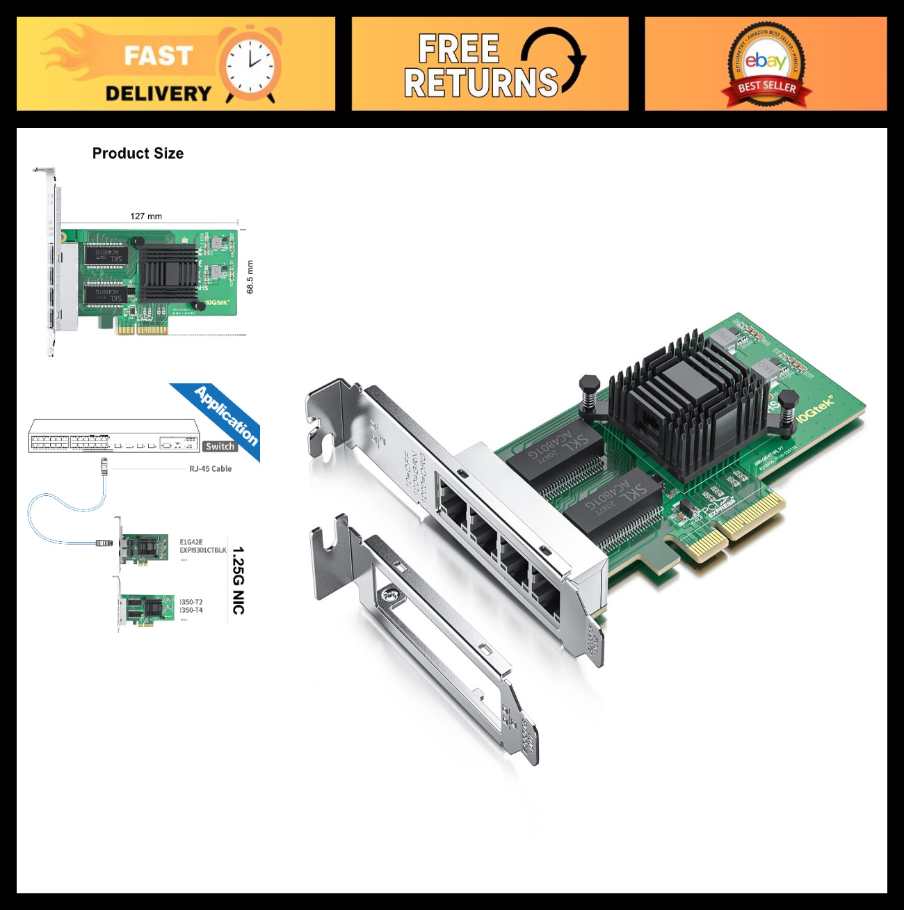 1000Mbps Gigabit Ethernet Network Adapter PCIe NIC Card | Quad RJ45 Ports, Intel