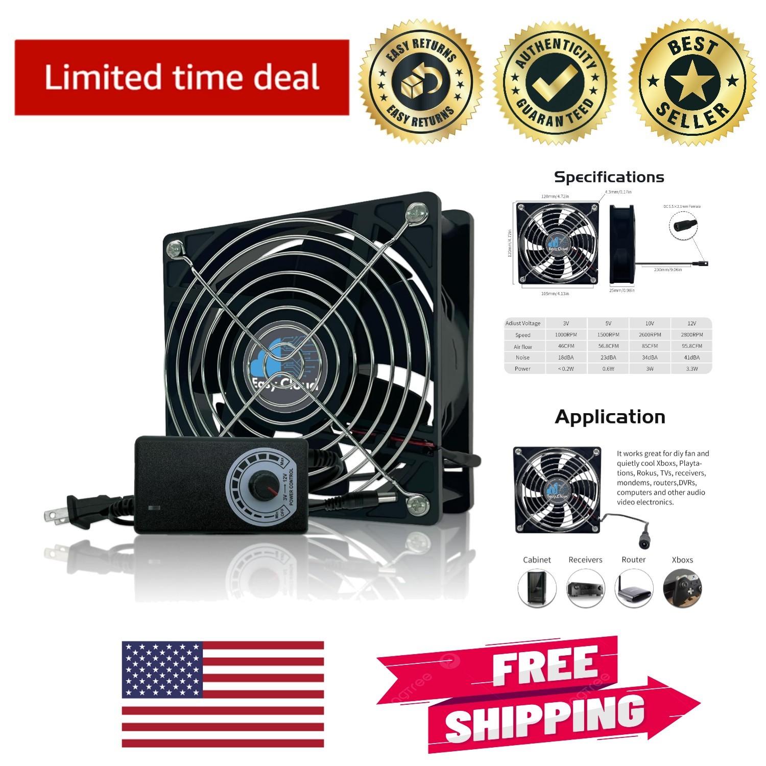 120mm Variable Speed Computer Fan with AC Plug & Controller for Silent Cooling