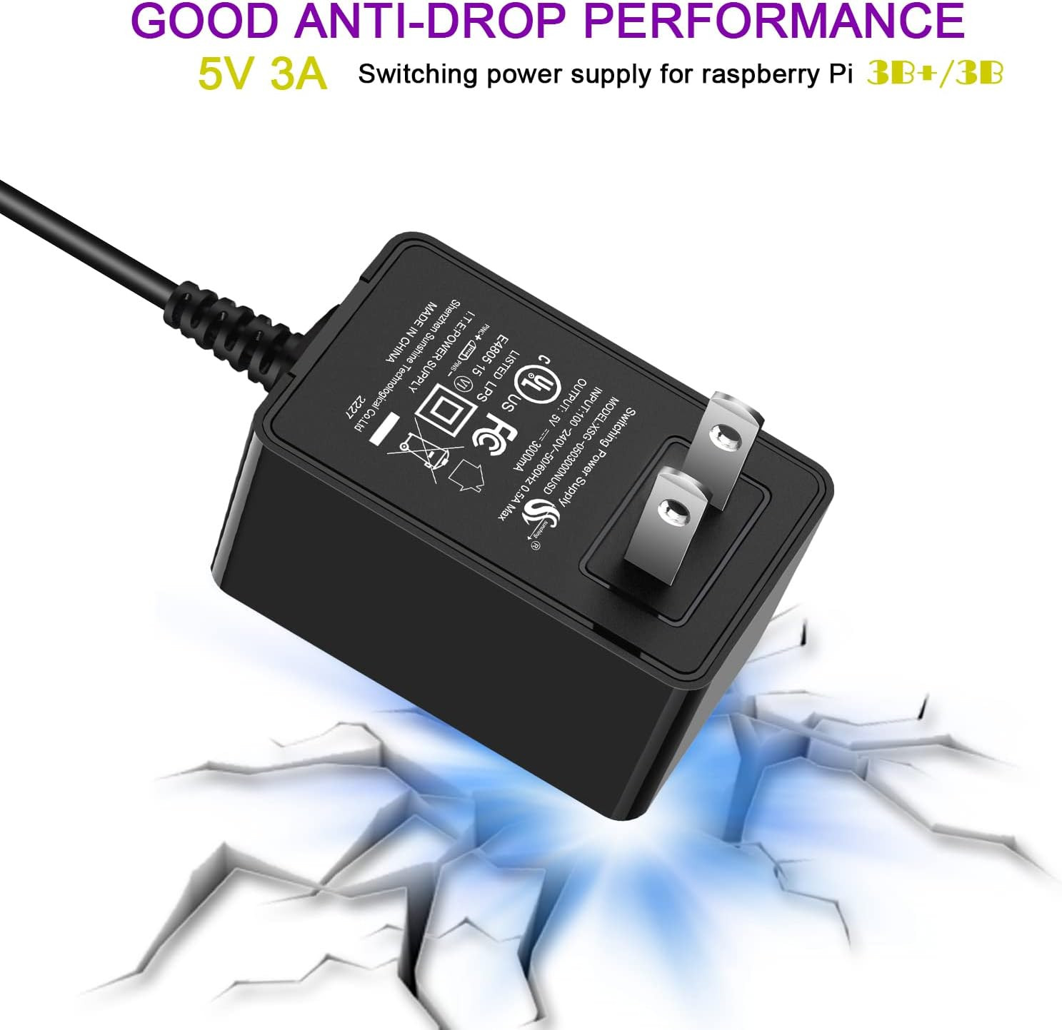 [UL Listed] Iuniker Raspberry Pi Power Supply with Switch 15W 5V 3A Micro USB Ra