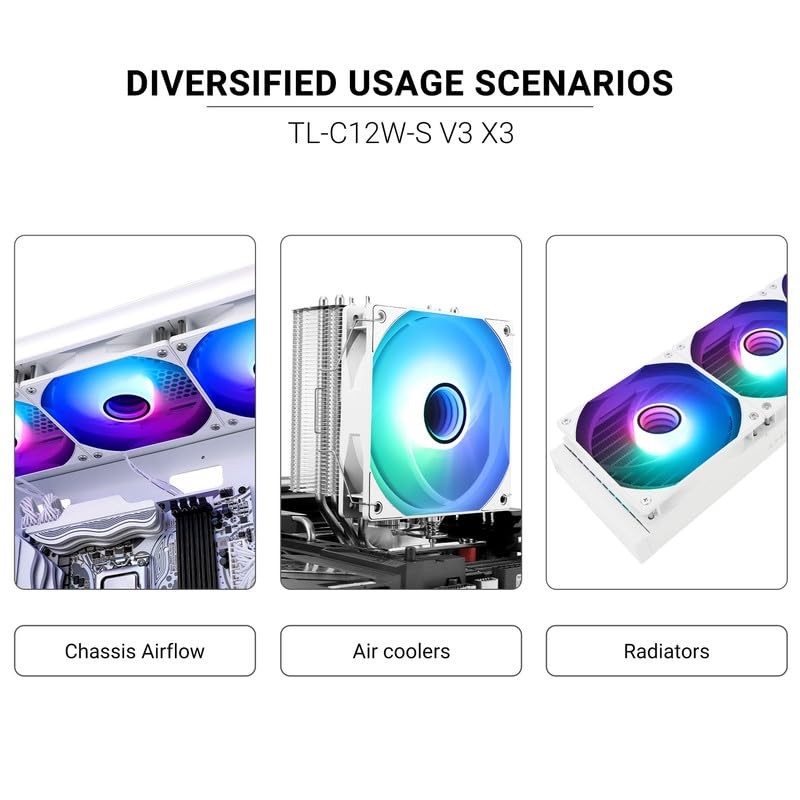 TLC12WS V3 X3 120mm ARGB CPU Fan White 1500RPM PWM PC Cooling 3 PCS Set