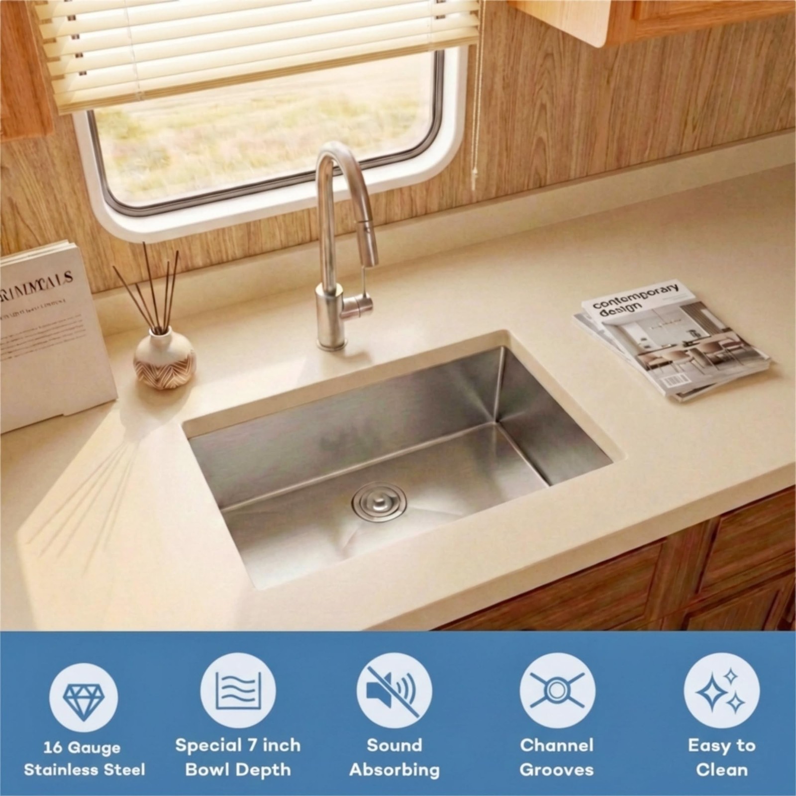 RV Kitchen Sink 25 X 15 inch,Undermount Kitchen Sink with 7 inch Depth,Stainl…