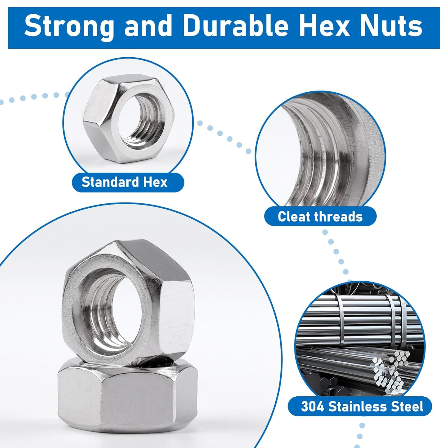 237Pcs Hex Nuts 304 Stainless Steel Hardware Nuts 7 Sizes Coarse Thread Nuts