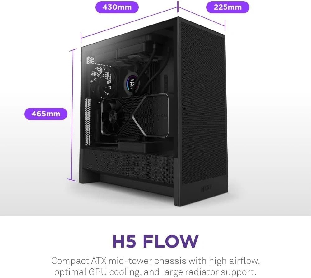 H5 Flow Compact PC Case – 2 x 120mm Fans, Tempered Glass