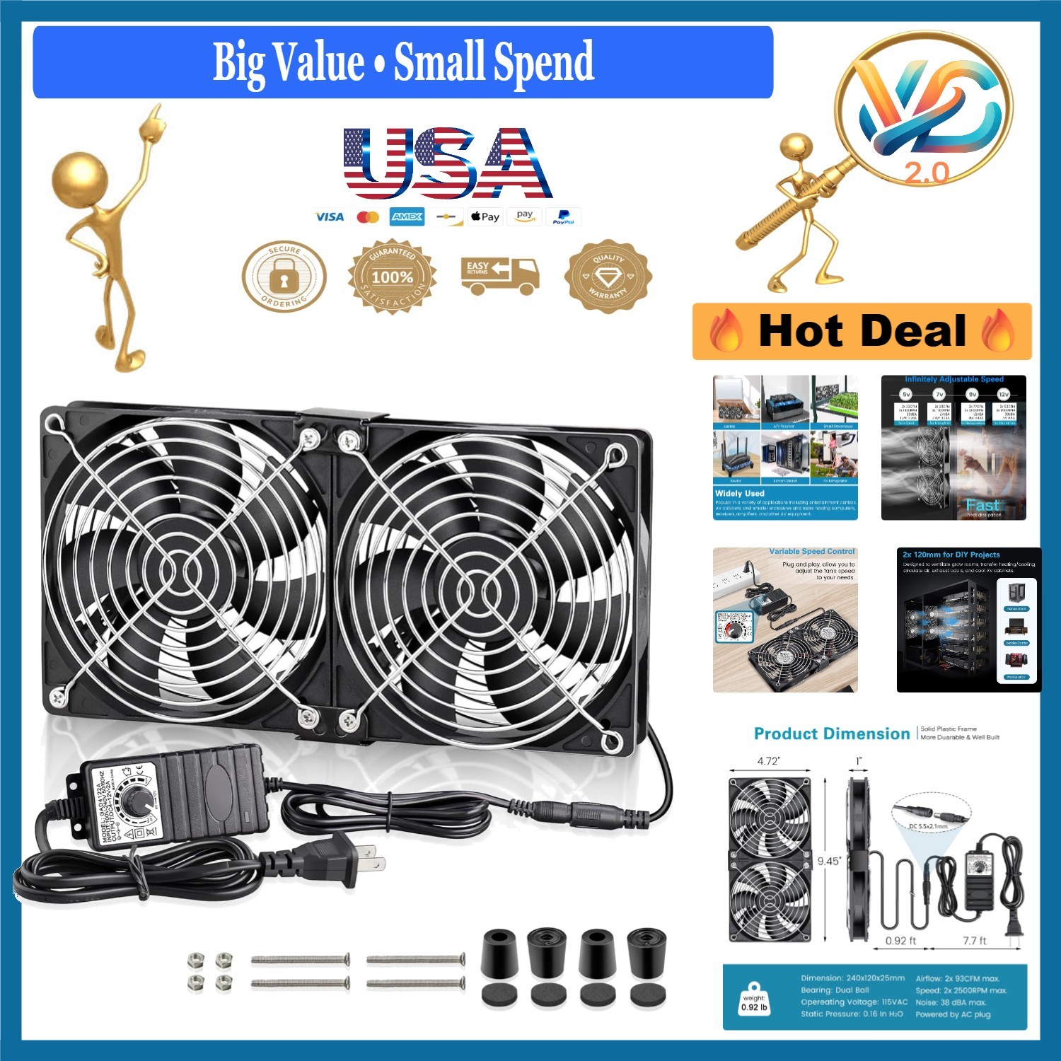 Dual 120mm AC/DC Fan Kit with Speed Control for Electronics Cooling