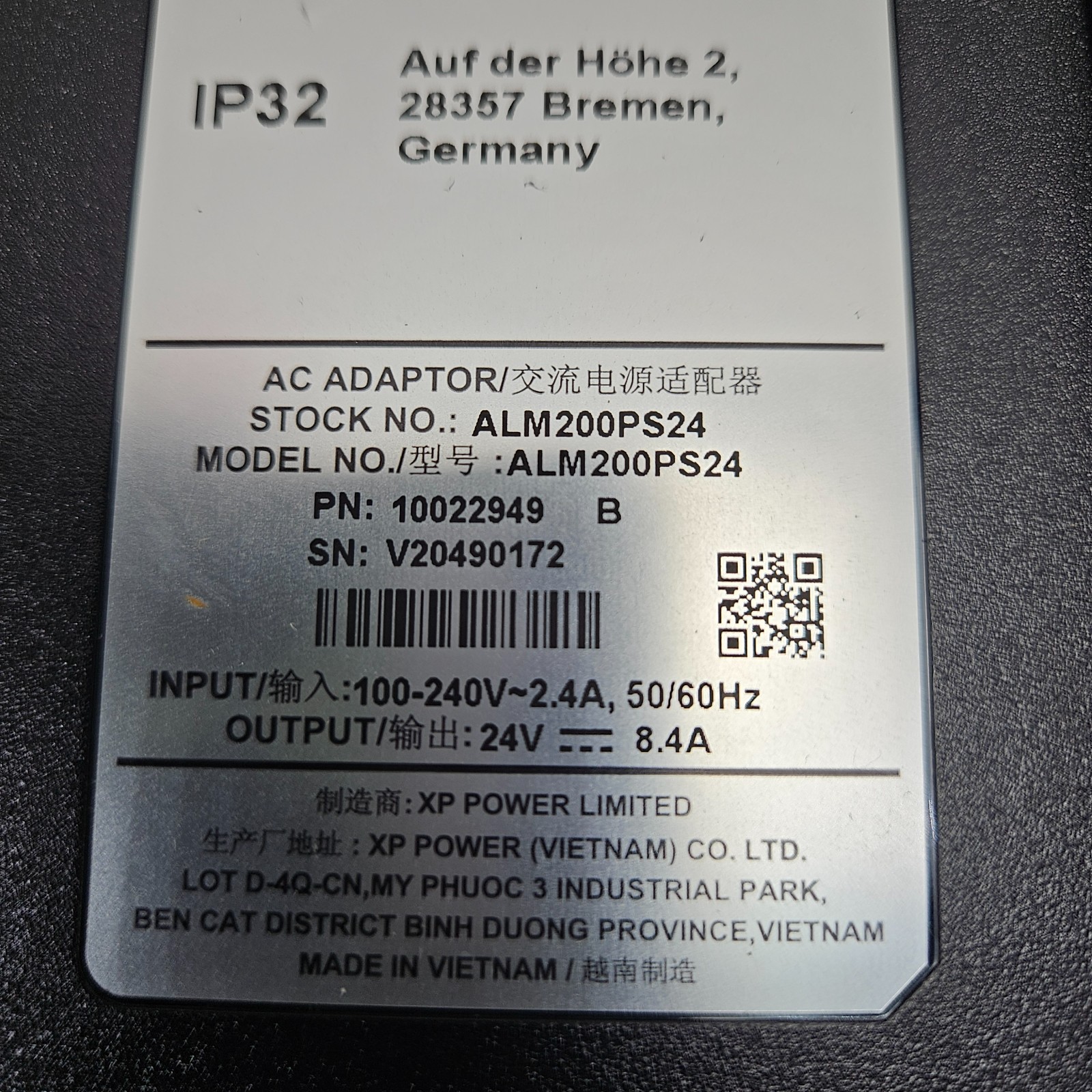 XP Power ALM200PS24 24V Single Unit Power Supply AC Adaptor