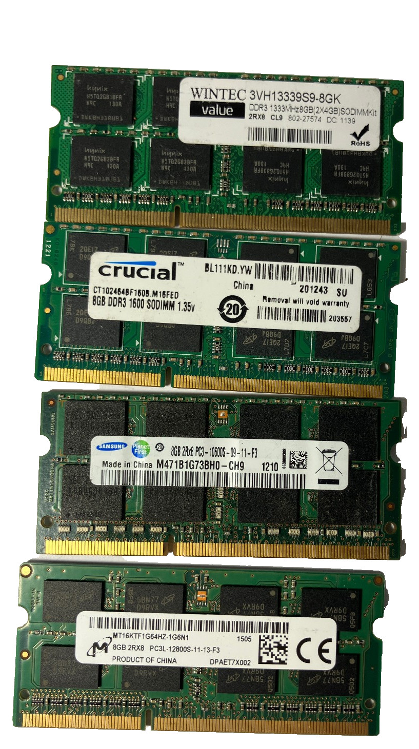 4 Mixed Lot Micron 8GB 2Rx8 PC3L-12800S Laptop Memory MT16KTF1G64HZ-1G6N1, Other