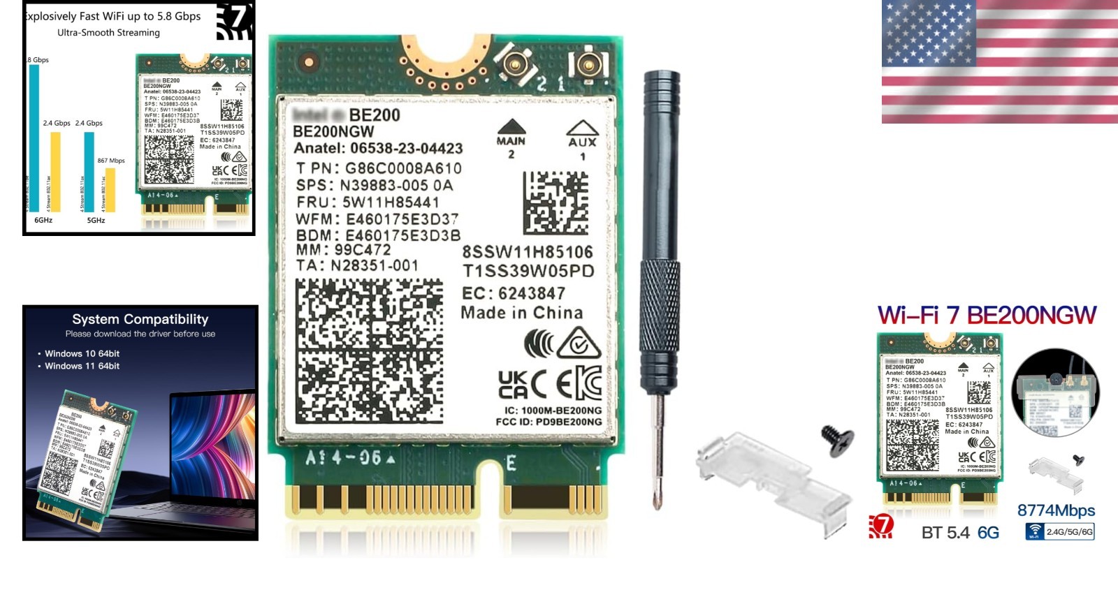 Cutting-Edge WiFi 7 BE200 Wireless Card for Intel – 5800Mbps, Windows Compatible
