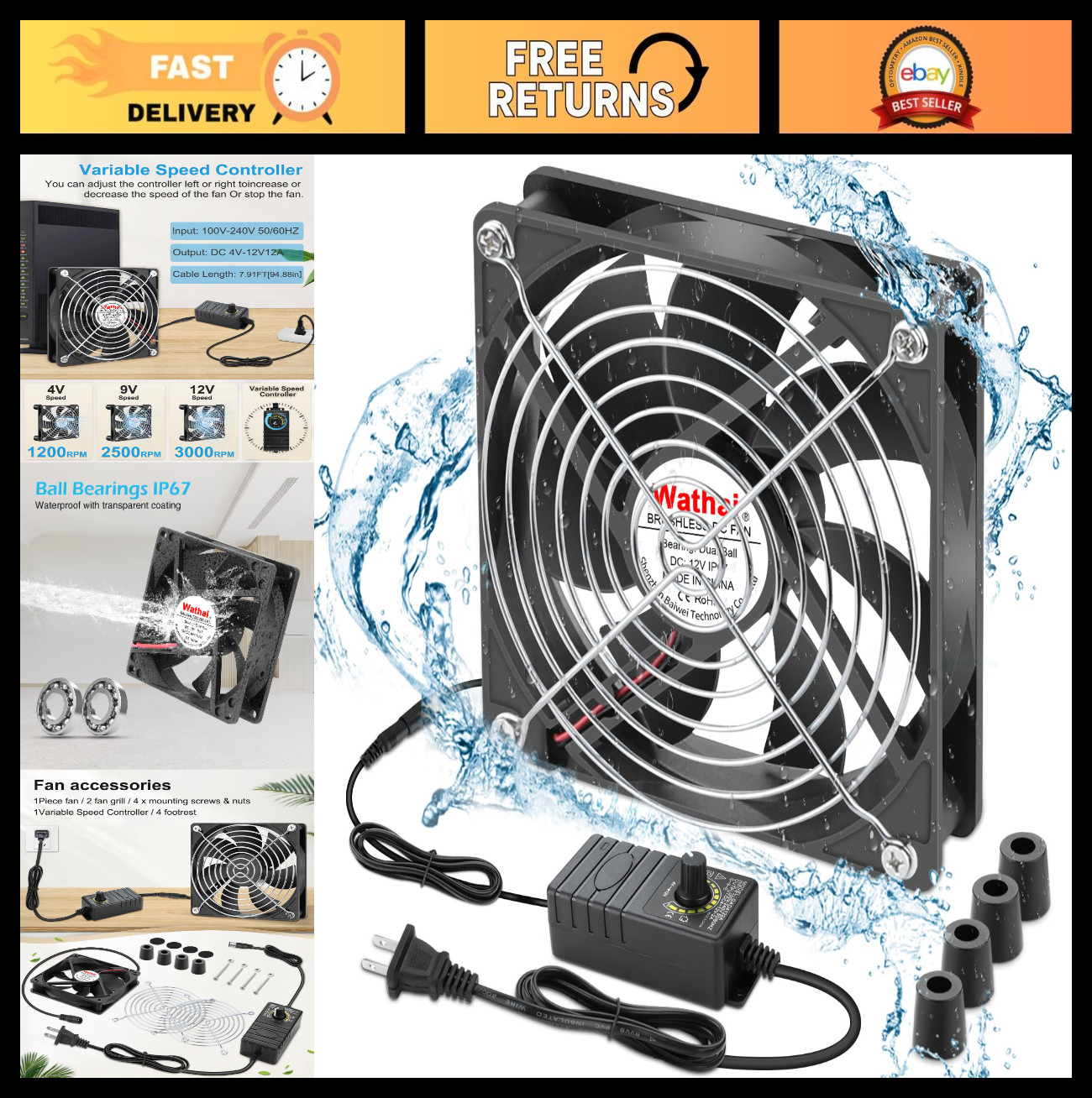 120mm Waterproof Box Fan IP67 12V AC/DC Dual Ball Speed Controller for Grow Tent