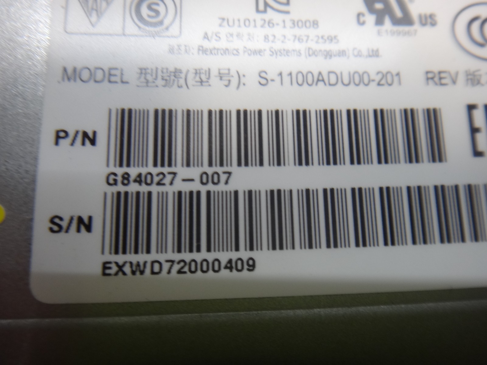 Genuine Intel 1100W Server Power Supply S-1100ADU00-201 G84027-007