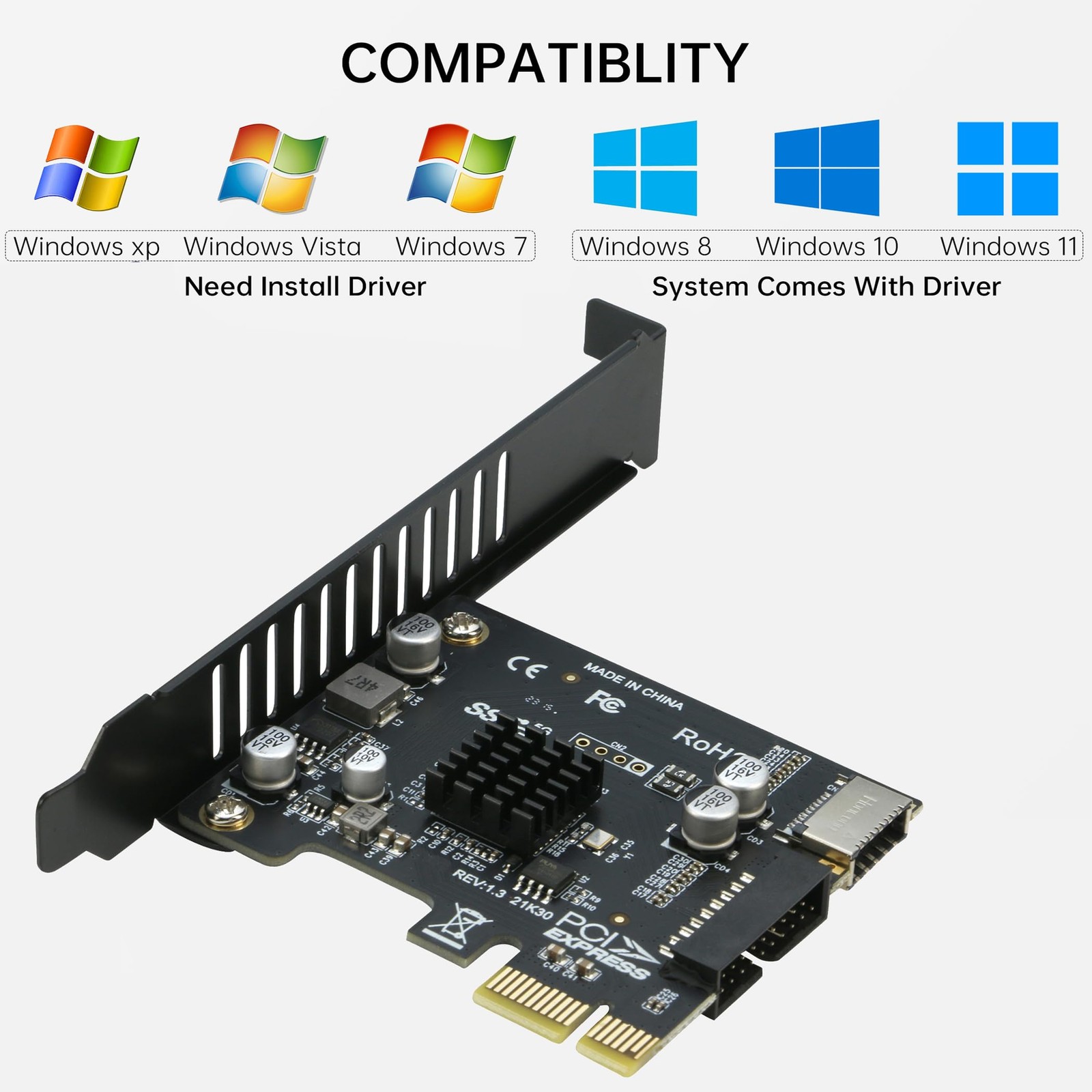 PCIe to 20Pin + Type-E Internal Card, PCI-e x1 to (19+1) Pin USB 3.0 Socket a…