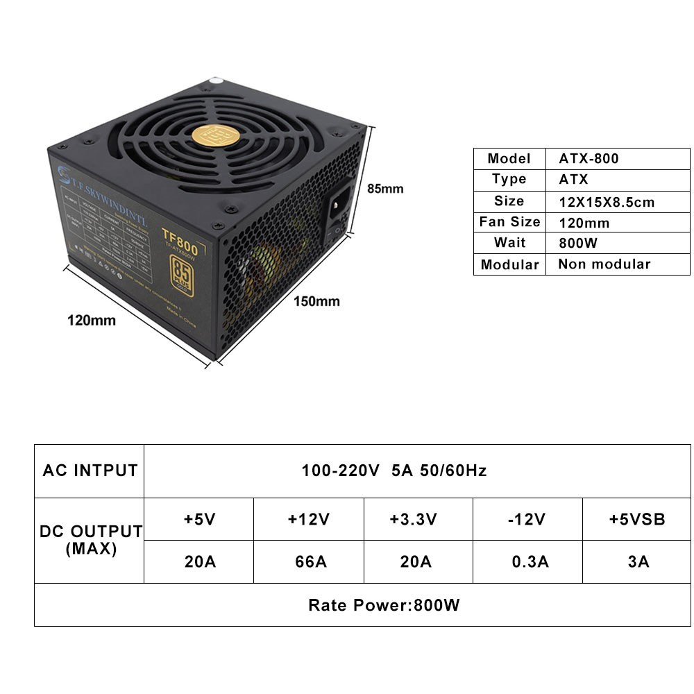 800W Power Supply 85 Plus Gold Gaming ATX PSU, Non-Modular, 20+4Pin, Dual CPU
