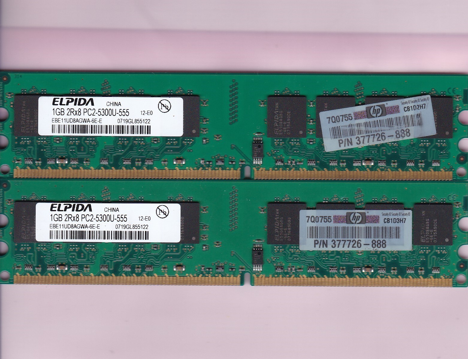 2GB 2x1GB PC2-5300 ELPIDA EBE11UD8AGWA-6E-E HP 377726-888 DDR2-667 Memory Kit