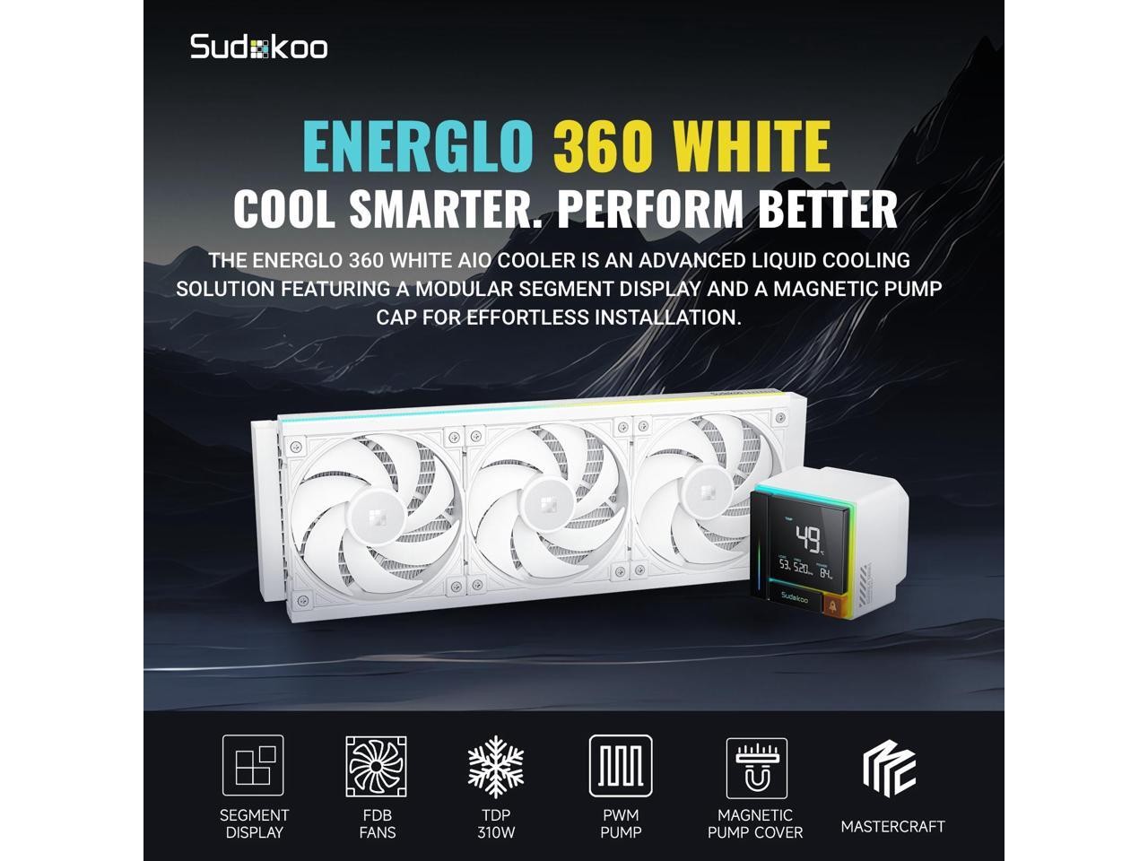 Sudokoo ENERGLO-360 White Liquid Cooler: 360mm AIO CPU Cooler with Data Display