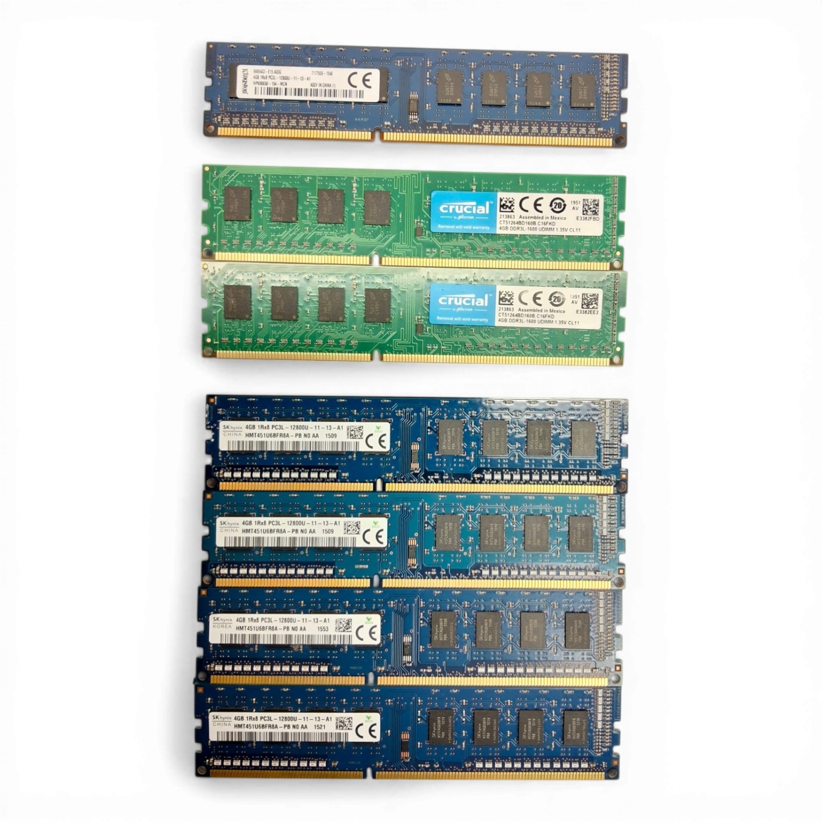 Lot of 7 4GB DDR3L RAM Mixed Hynix Crucial Kingston PC3L-12800 Desktop Memory