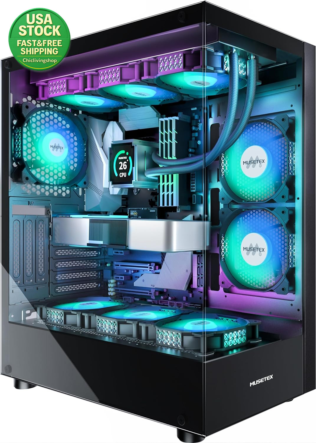 ATX Mid Tower Gaming PC Case with 6 PWM ARGB Fans Type-C Dual Tempered