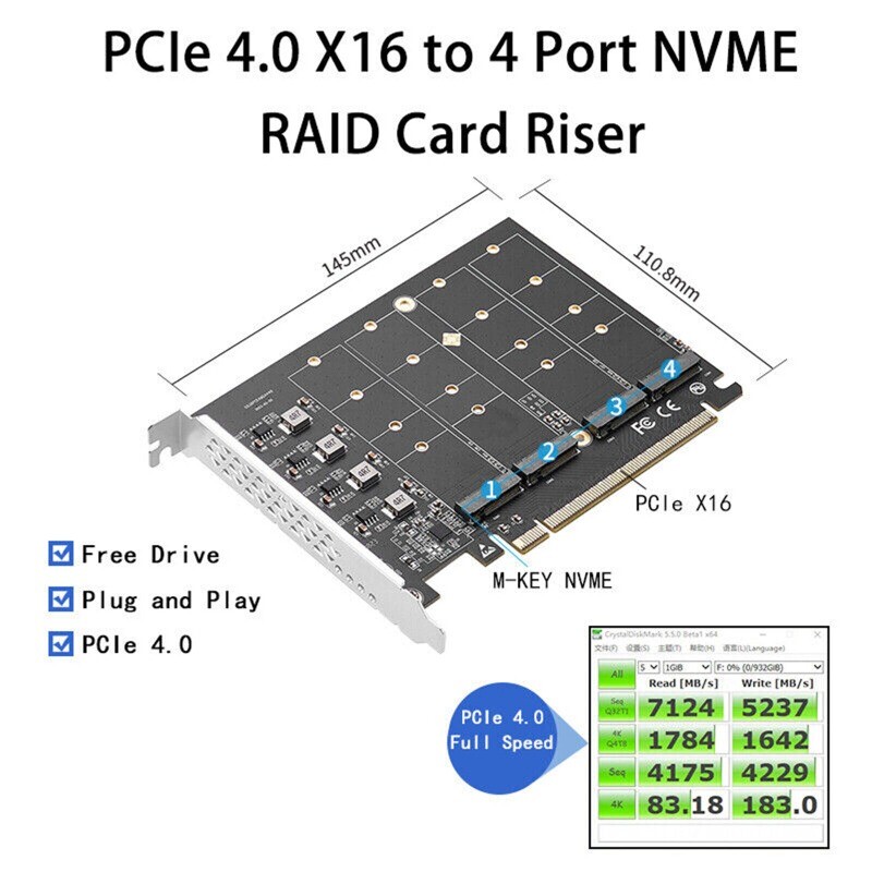 Quad NVMe PCIe Adapter 4 Port M.2 NVMe M KEY SSD to PCIe 4.0 X16 Card Speed NEW