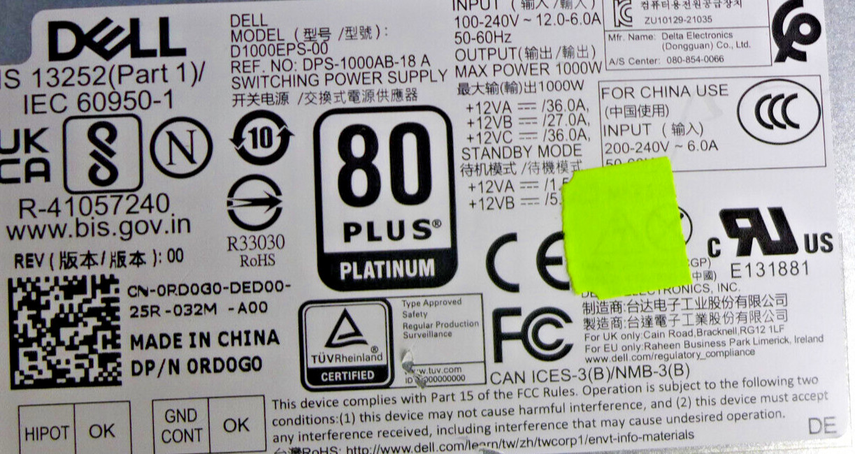 Genuine Alienware Aurora R13 R14 1000W Power Supply D1000EPS-00 Dell RD0G0