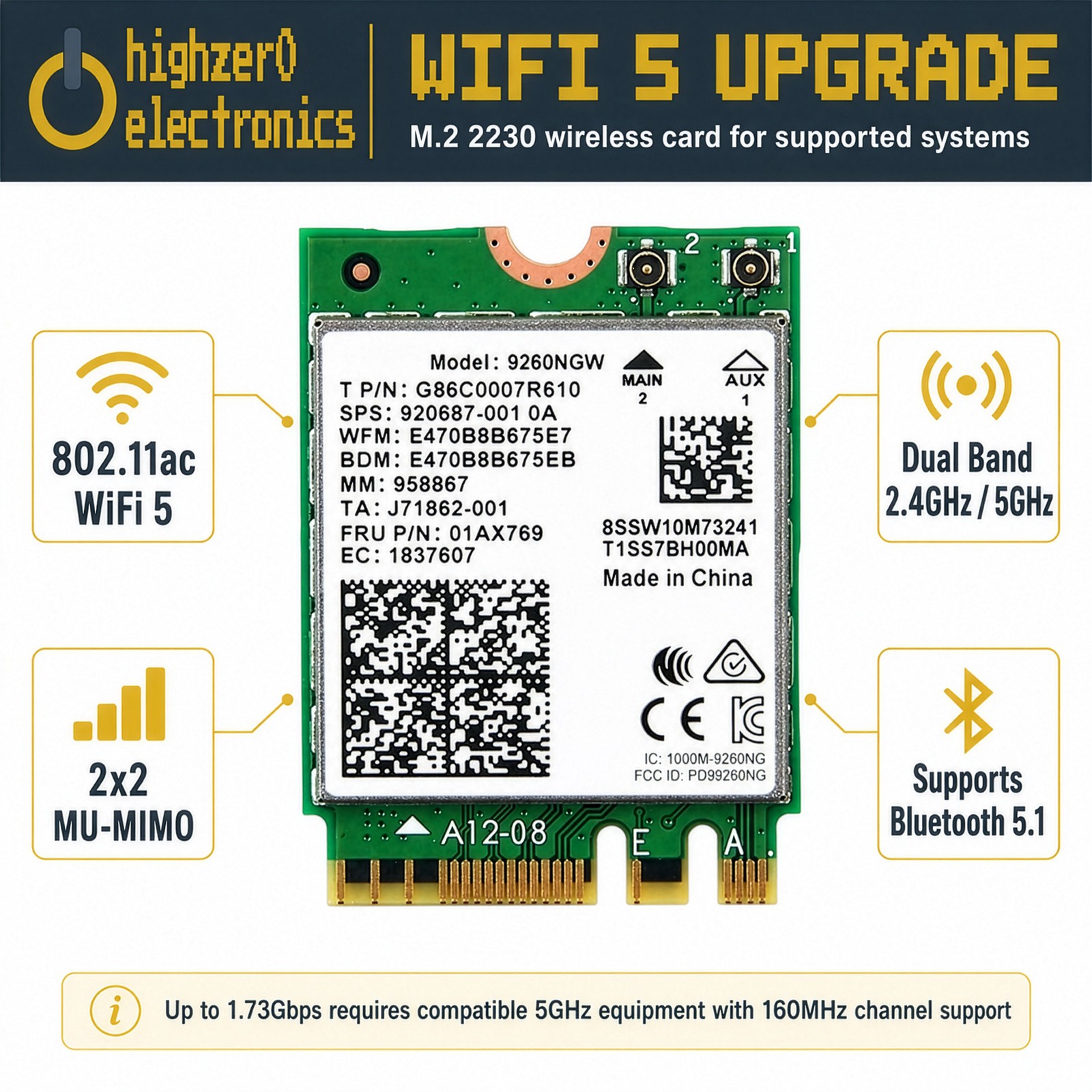HighZer0 Electronics AC 9260 802.11ac M.2 Bluetooth 5.1 Legacy Network Card |
